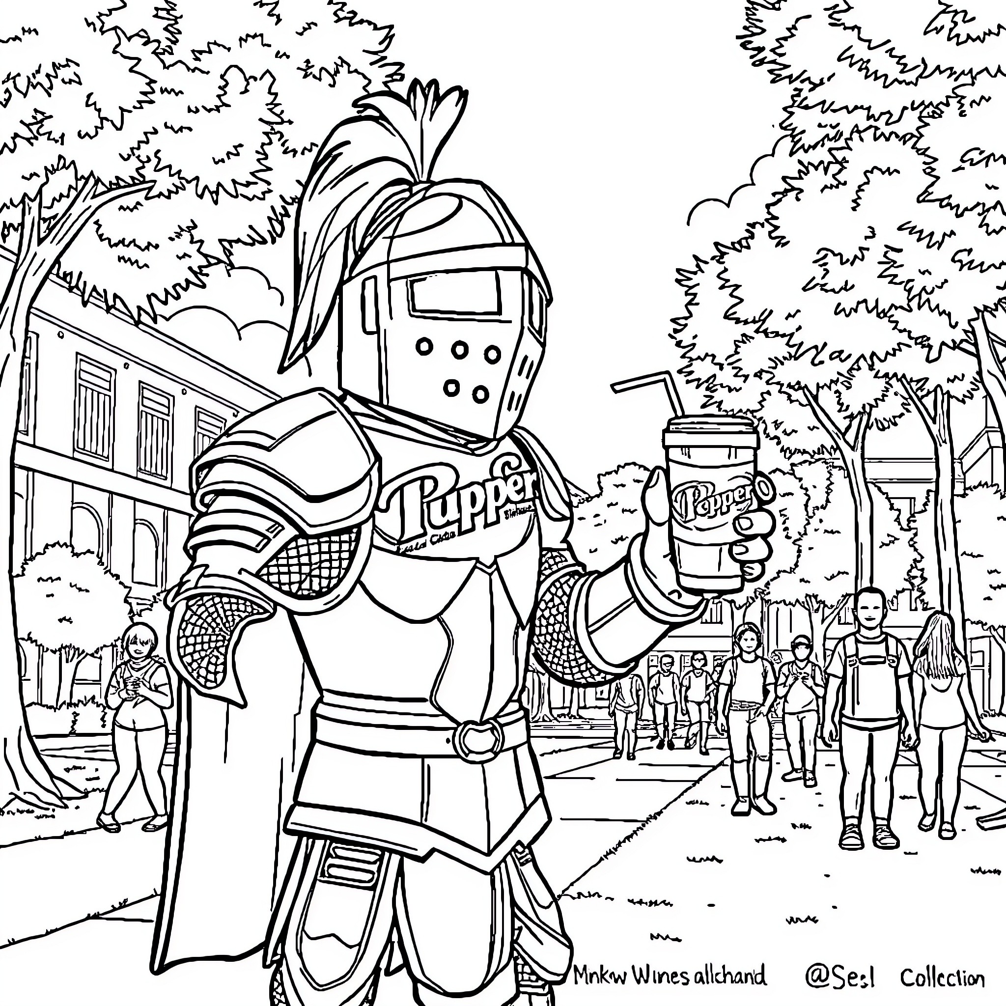 Knightro's Heroic Parade Appearance Coloring Page (free black-and-white line drawing printable PDF for all, from beginners to advanced learners, including children, teens, adults, and seniors)