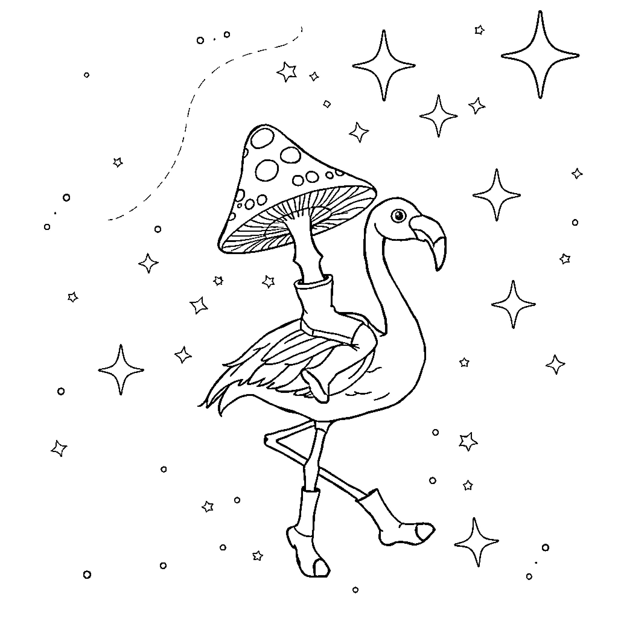Mushroom Flamingo with Starry Backdrop Coloring Page (free black-and-white line drawing printable PDF for all, from beginners to advanced learners, including children, teens, adults, and seniors)