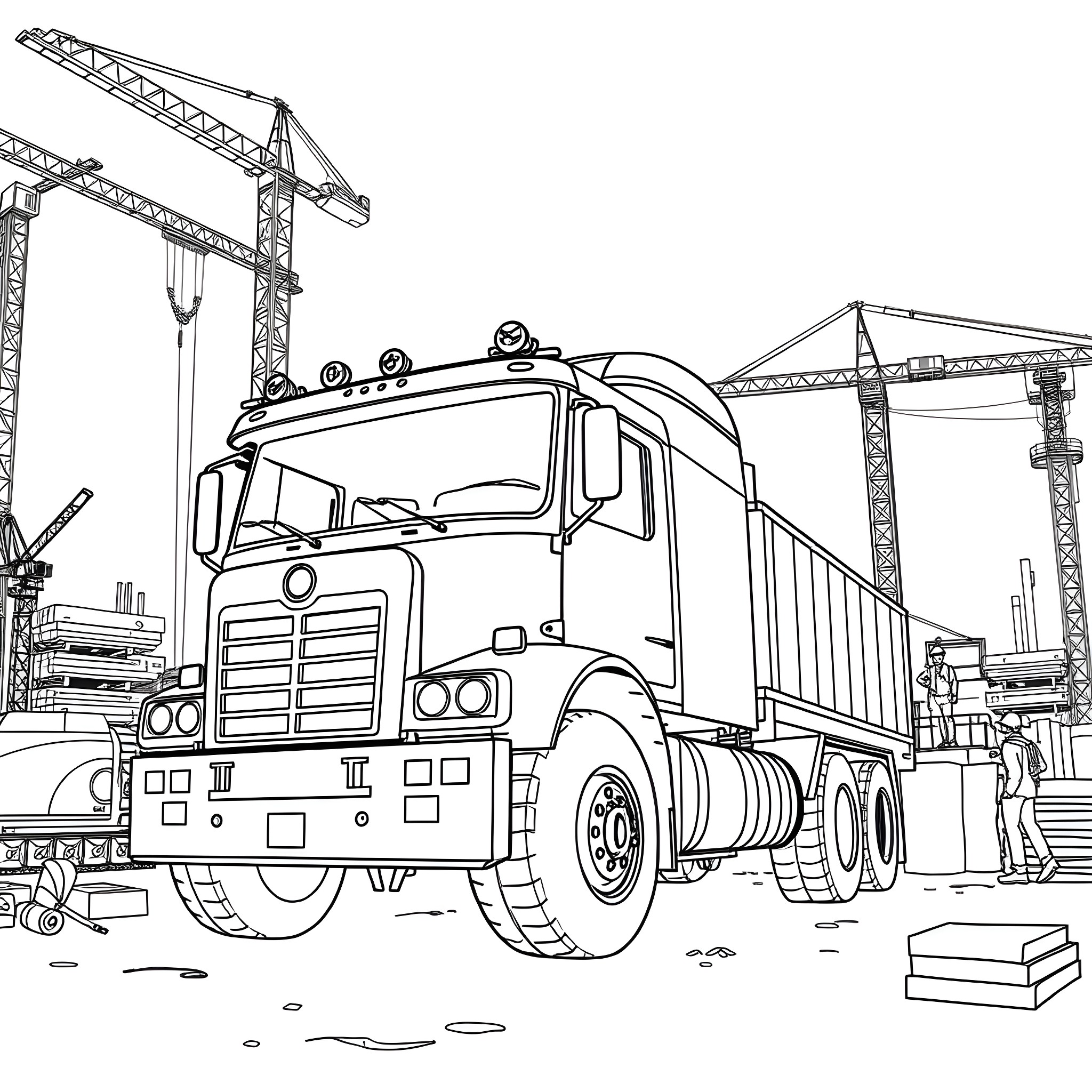 Truck hauling cargo at construction site Coloring Page (free black-and-white line drawing printable PDF for all, from beginners to advanced learners, including children, teens, adults, and seniors)