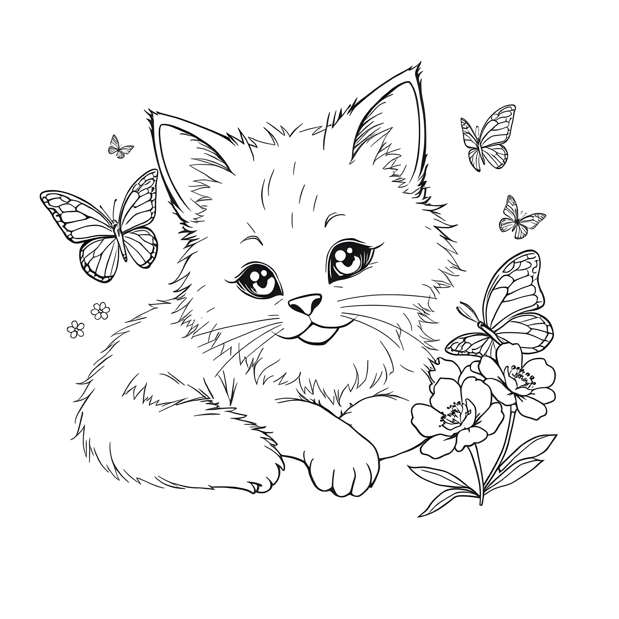 Cat surrounded by butterflies and flowers Coloring Page (free black-and-white line drawing printable PDF for all, from beginners to advanced learners, including children, teens, adults, and seniors)
