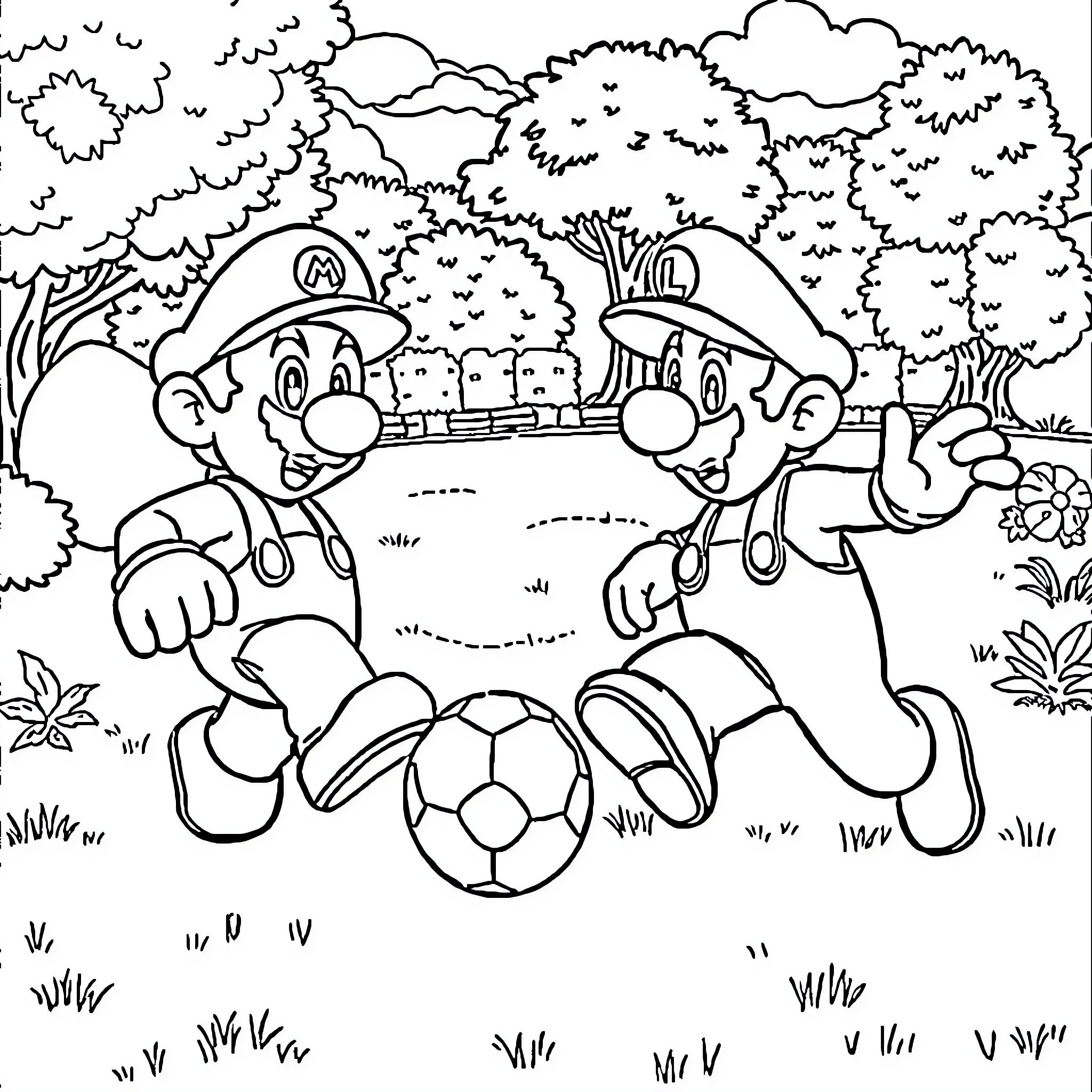 Mario and Luigi playing soccer in the park Coloring Page (free black-and-white line drawing printable PDF for all, from beginners to advanced learners, including children, teens, adults, and seniors)