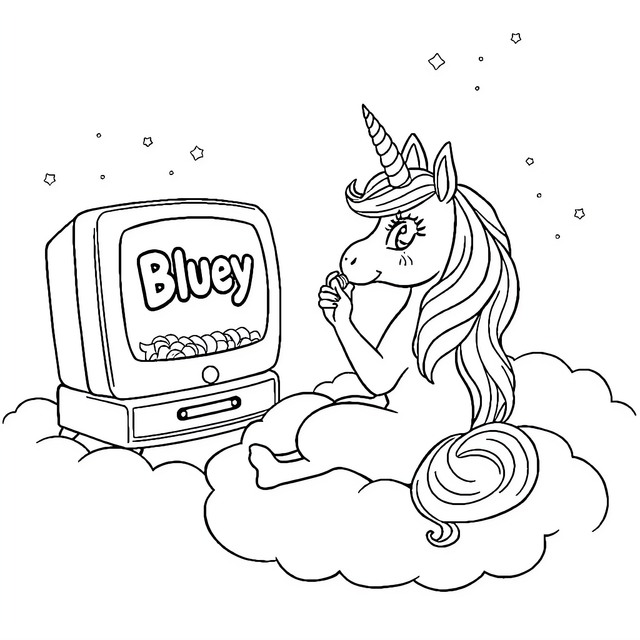 Unicorn relaxing on a cloud with a computer Coloring Page (free black-and-white line drawing printable PDF for all, from beginners to advanced learners, including children, teens, adults, and seniors)