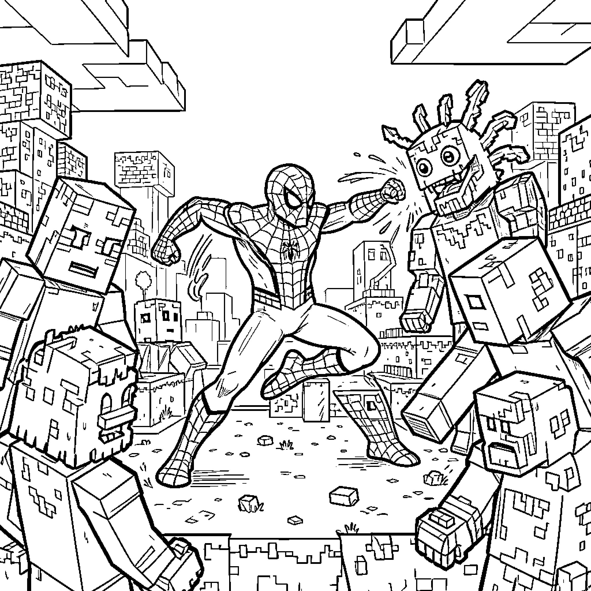 Spiderman fighting blocky monsters in a city Coloring Page (free black-and-white line drawing printable PDF for all, from beginners to advanced learners, including children, teens, adults, and seniors)