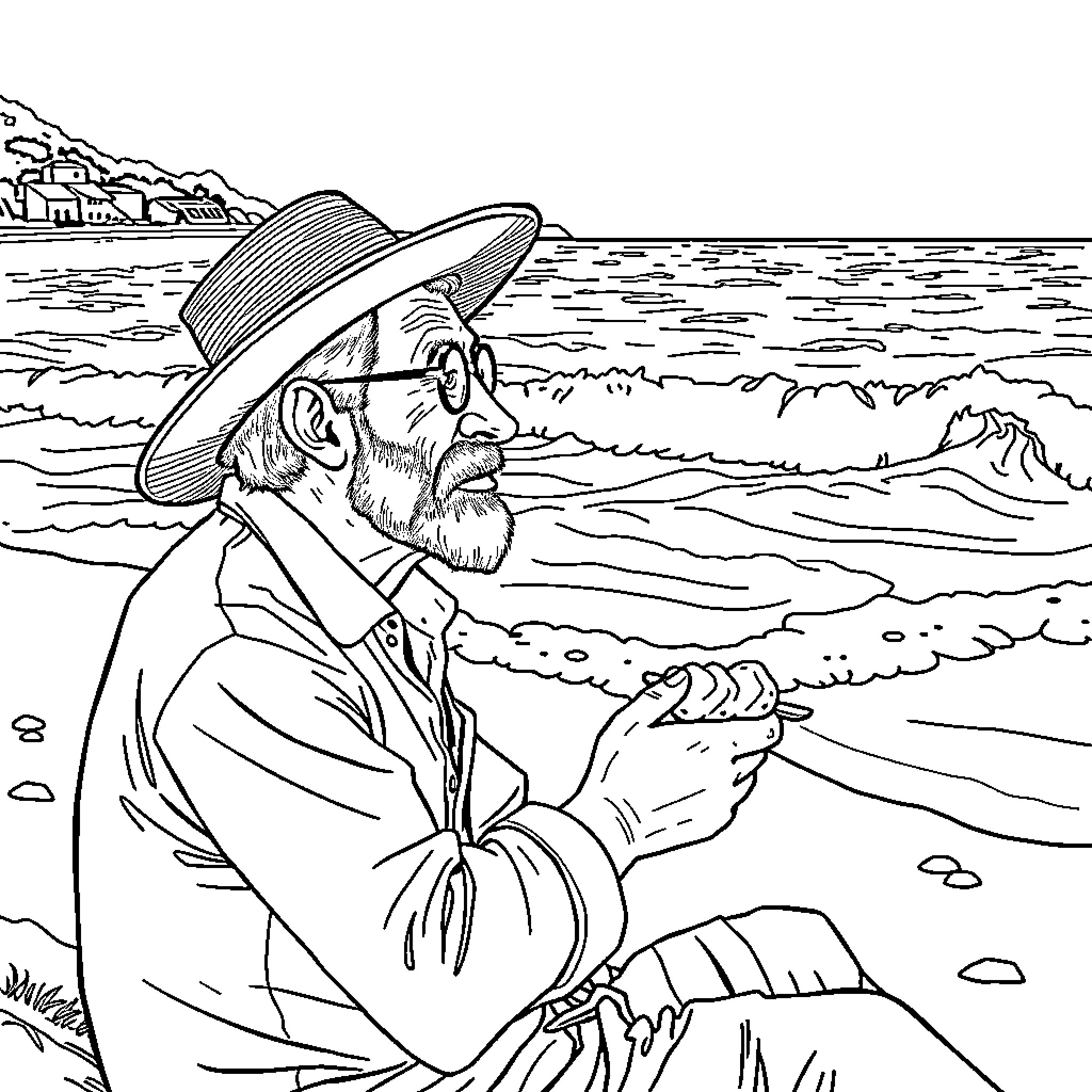 Mann enjoys peaceful moment by the ocean Coloring Page (free black-and-white line drawing printable PDF for all, from beginners to advanced learners, including children, teens, adults, and seniors)