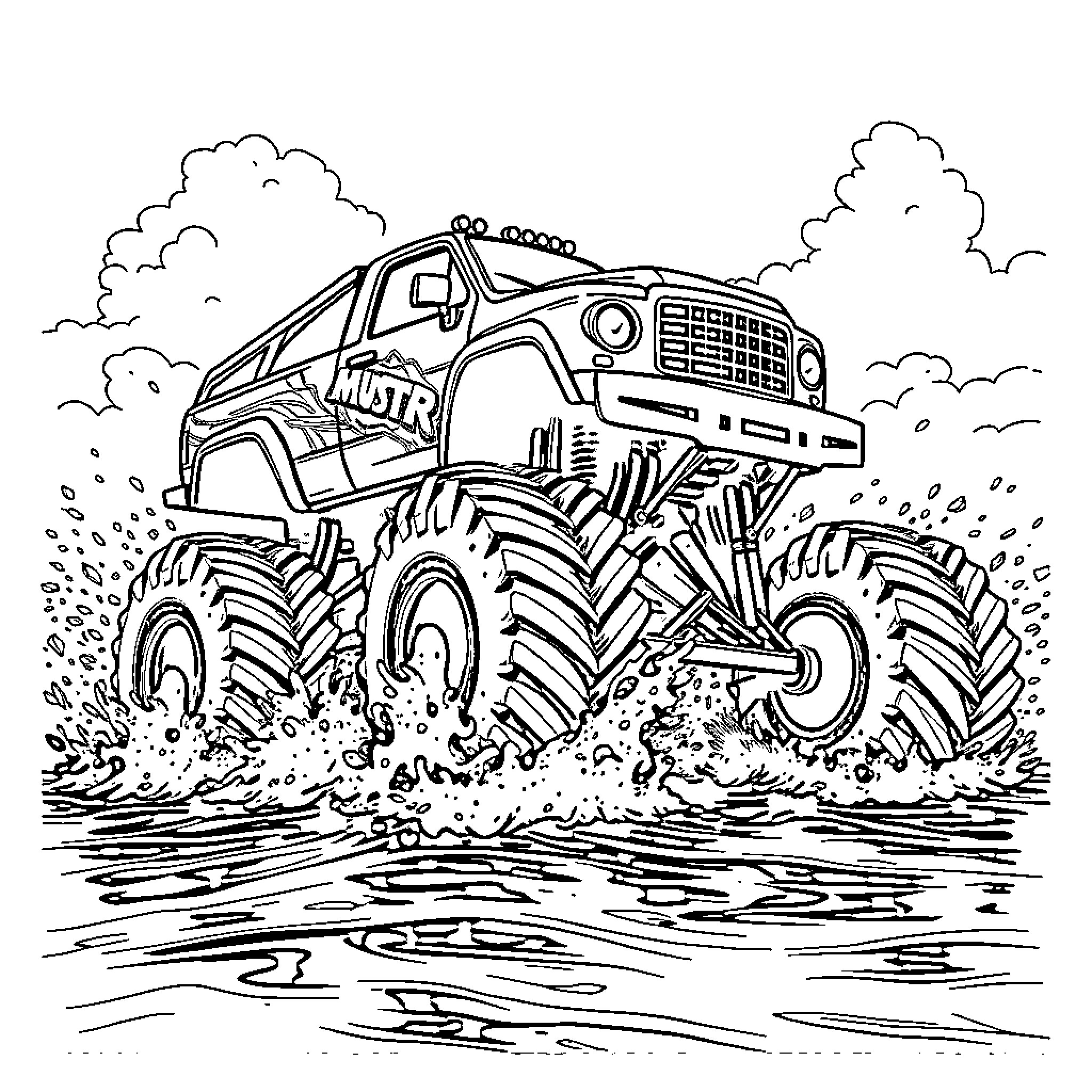 Monster Truck Charging Through Muddy Terrain Coloring Page (free black-and-white line drawing printable PDF for all, from beginners to advanced learners, including children, teens, adults, and seniors)