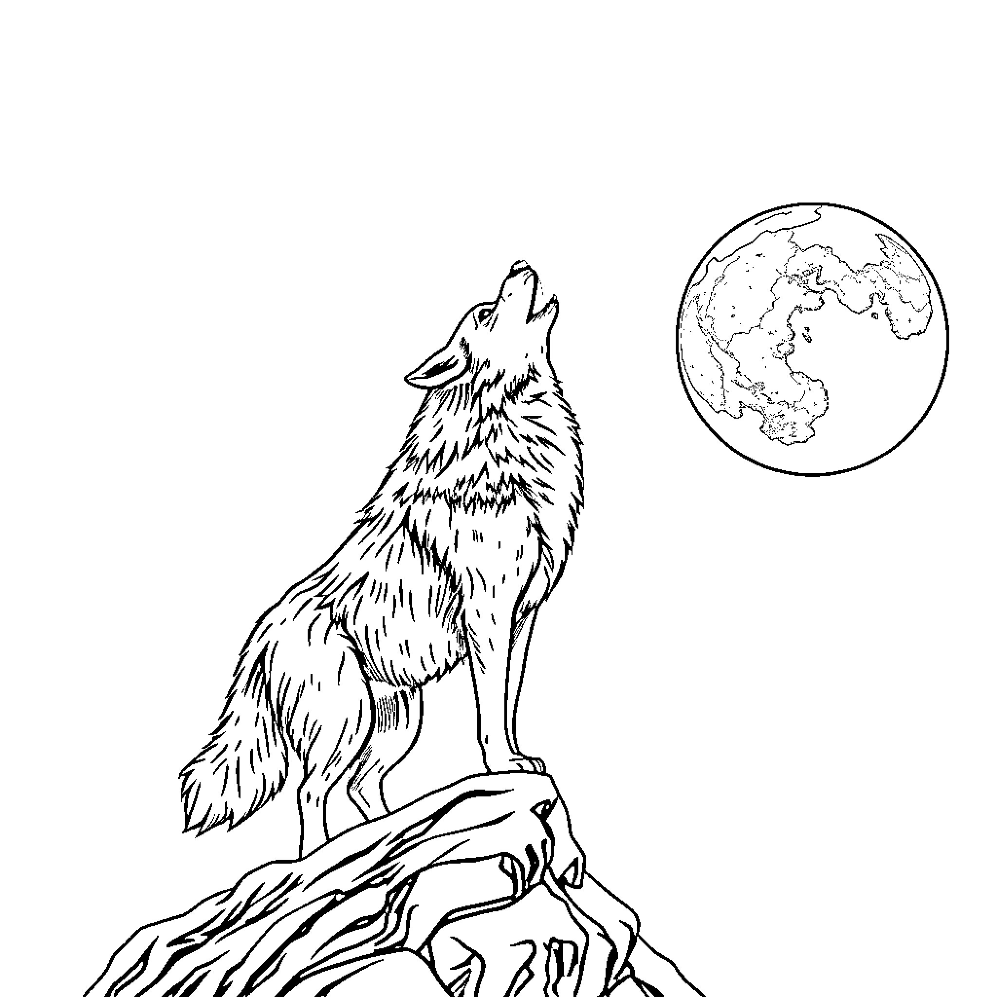 Wolf howling at the moon on a rocky mountain Coloring Page (free black-and-white line drawing printable PDF for all, from beginners to advanced learners, including children, teens, adults, and seniors)