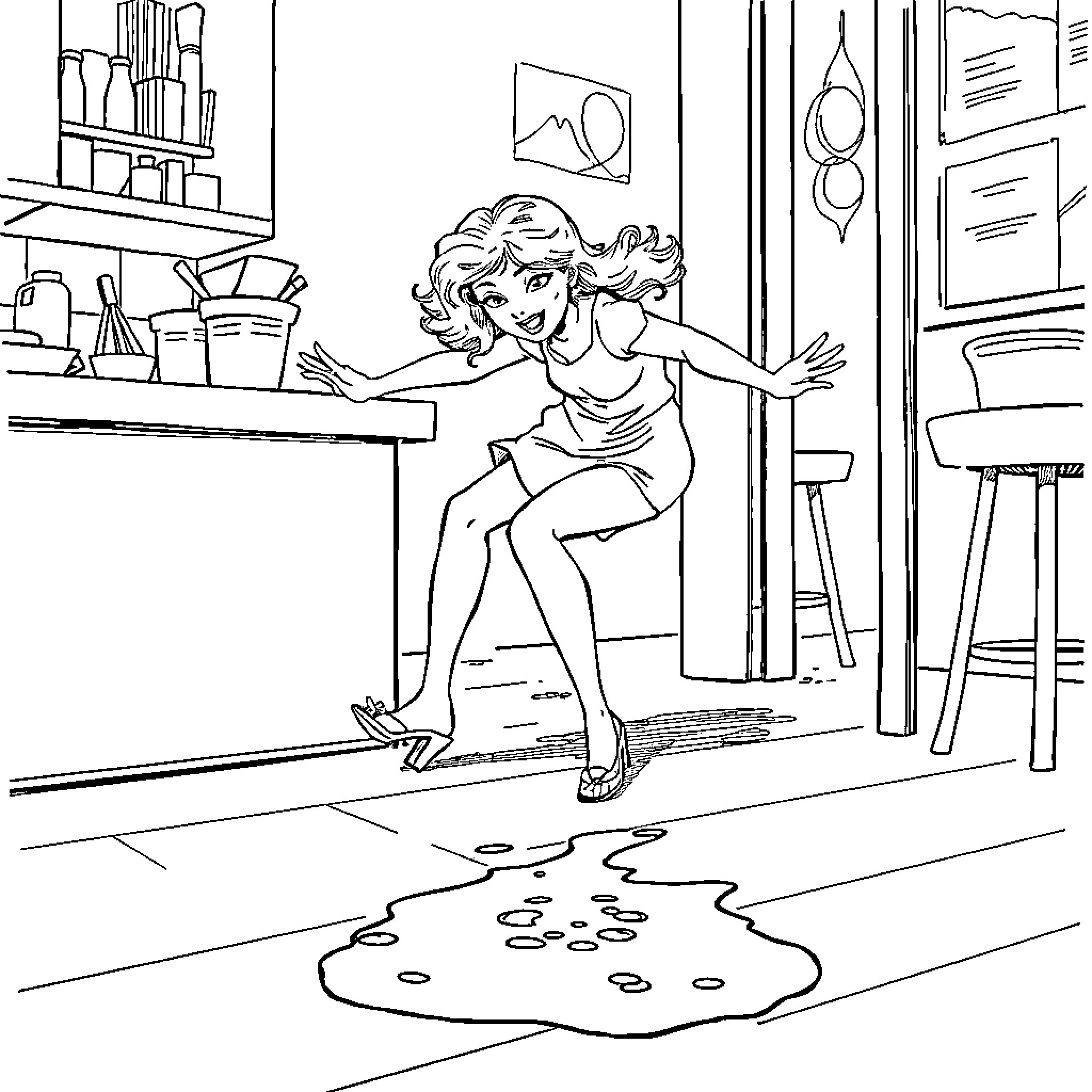 Lady enjoying a spill in the kitchen Coloring Page (free black-and-white line drawing printable PDF for all, from beginners to advanced learners, including children, teens, adults, and seniors)