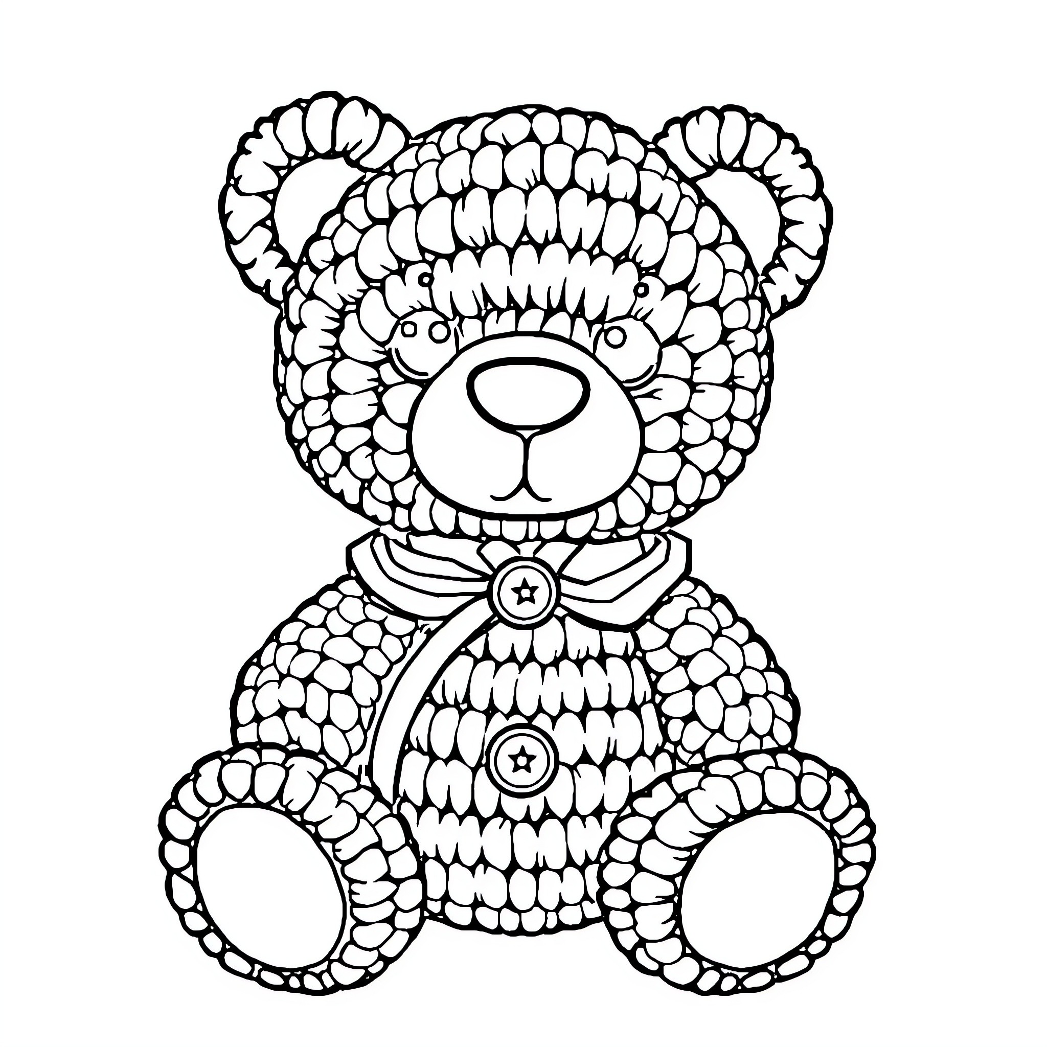 Teddy Bear with Intricate Patterned Fur Coloring Page (free black-and-white line drawing printable PDF for all, from beginners to advanced learners, including children, teens, adults, and seniors)