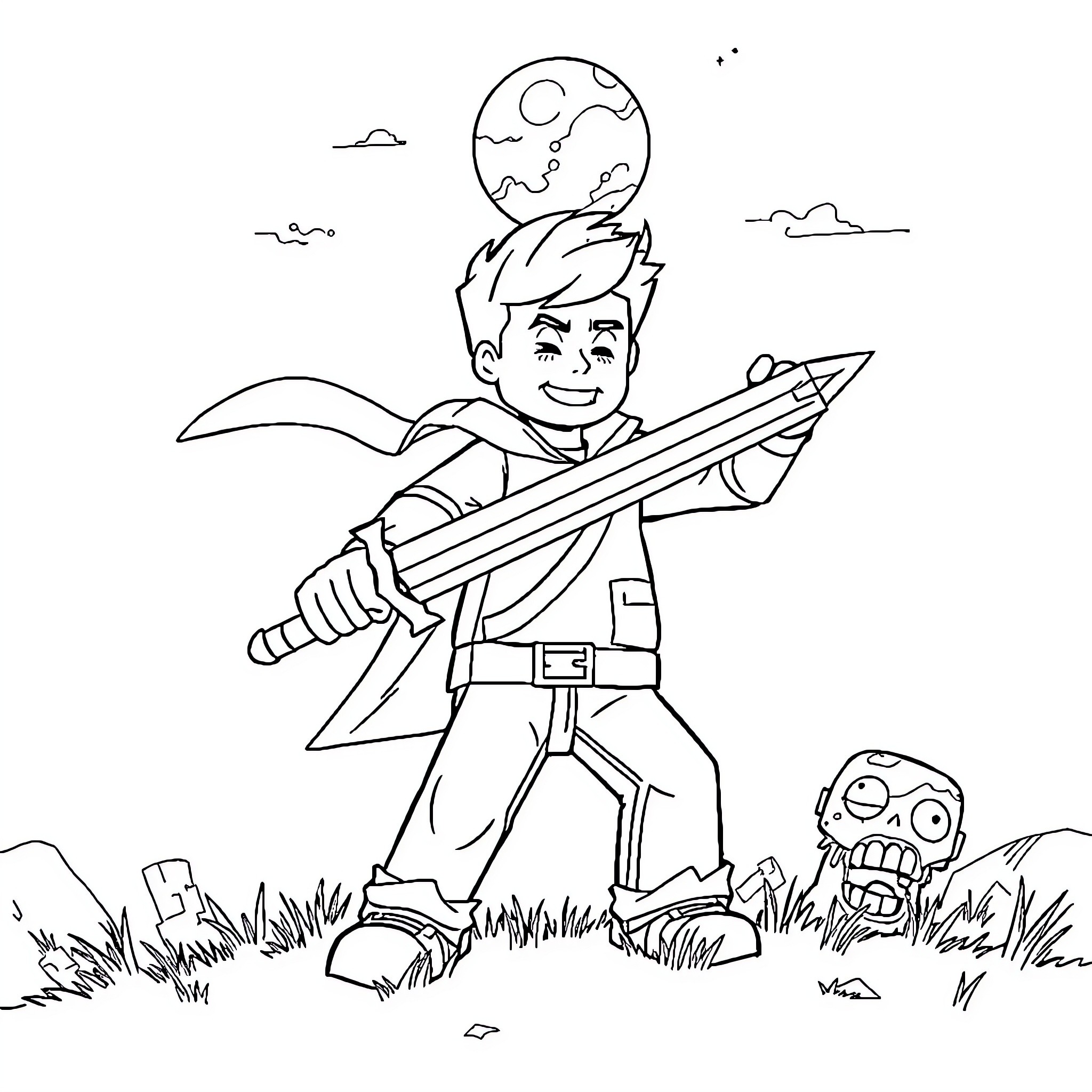 Steve battles enemies in an imaginary world Coloring Page (free black-and-white line drawing printable PDF for all, from beginners to advanced learners, including children, teens, adults, and seniors)
