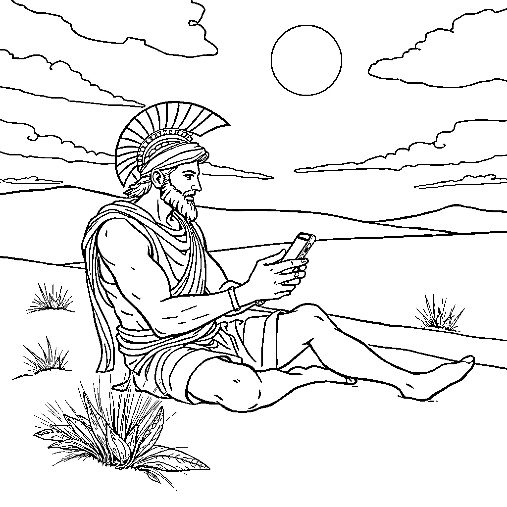 Achilles resting in contemplation under the sun Coloring Page (free black-and-white line drawing printable PDF for all, from beginners to advanced learners, including children, teens, adults, and seniors)
