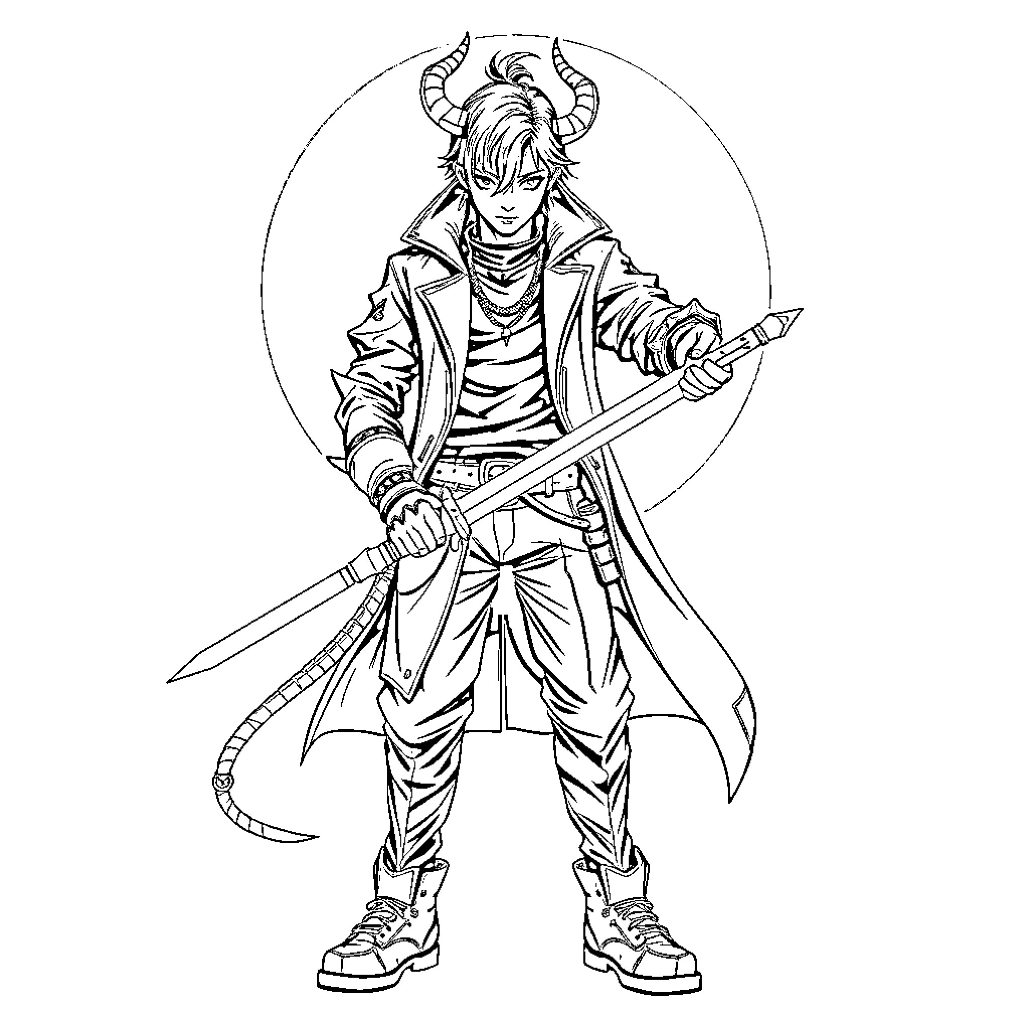 Demon Hunter wielding a mighty sword in battle Coloring Page (free black-and-white line drawing printable PDF for all, from beginners to advanced learners, including children, teens, adults, and seniors)