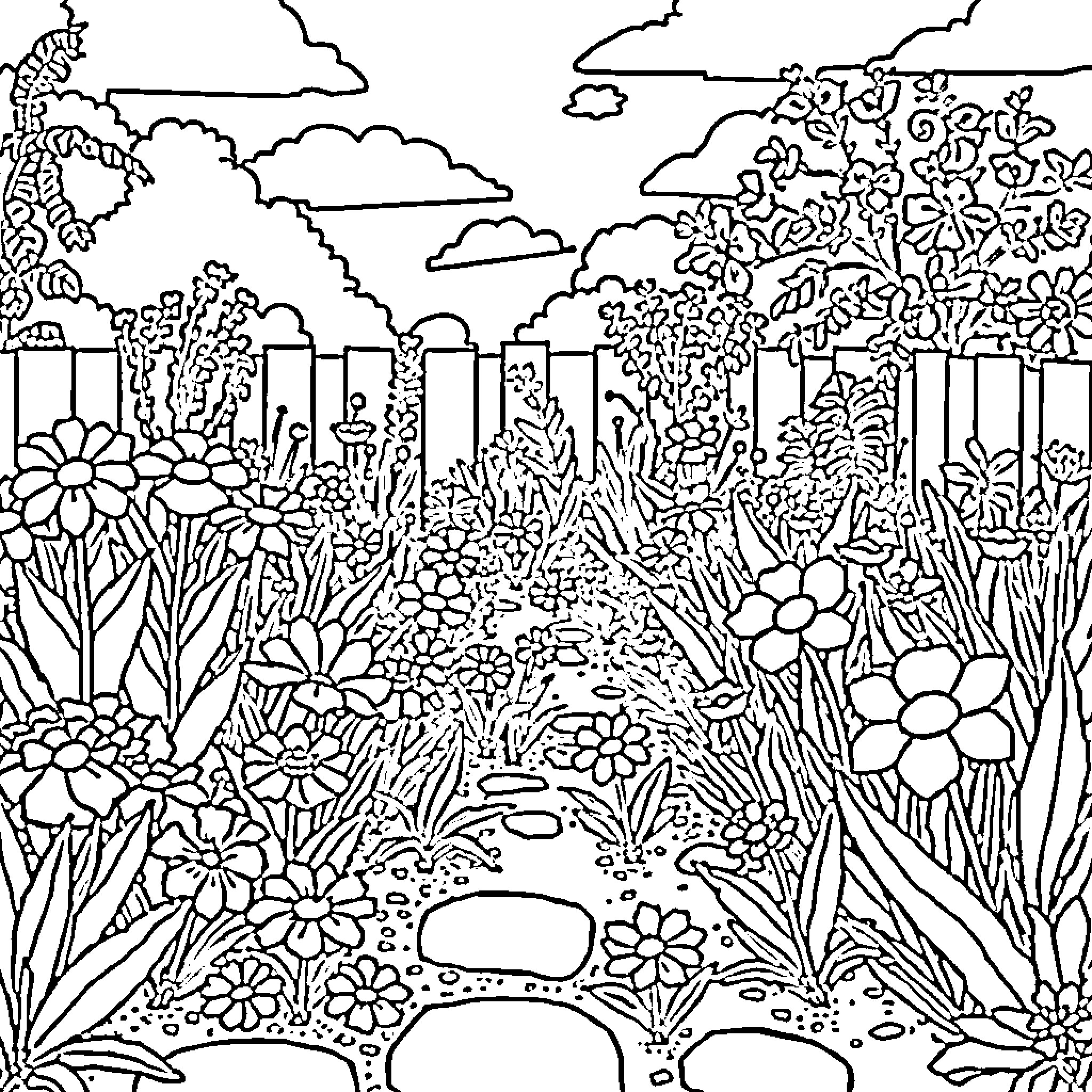 Garden with Flowering Plants and Paths Coloring Page (free black-and-white line drawing printable PDF for all, from beginners to advanced learners, including children, teens, adults, and seniors)