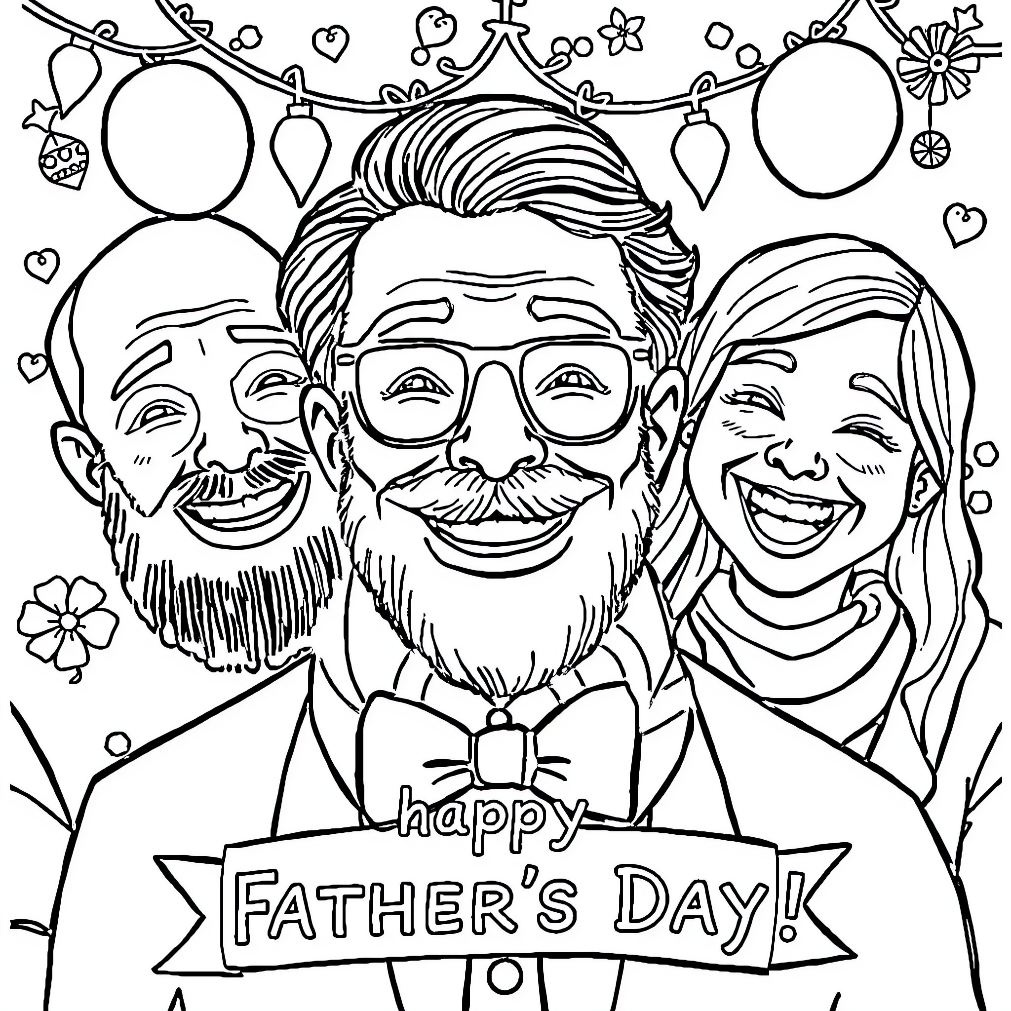 Father's Day Family Portrait with Festive Decorations Coloring Page (free black-and-white line drawing printable PDF for all, from beginners to advanced learners, including children, teens, adults, and seniors)