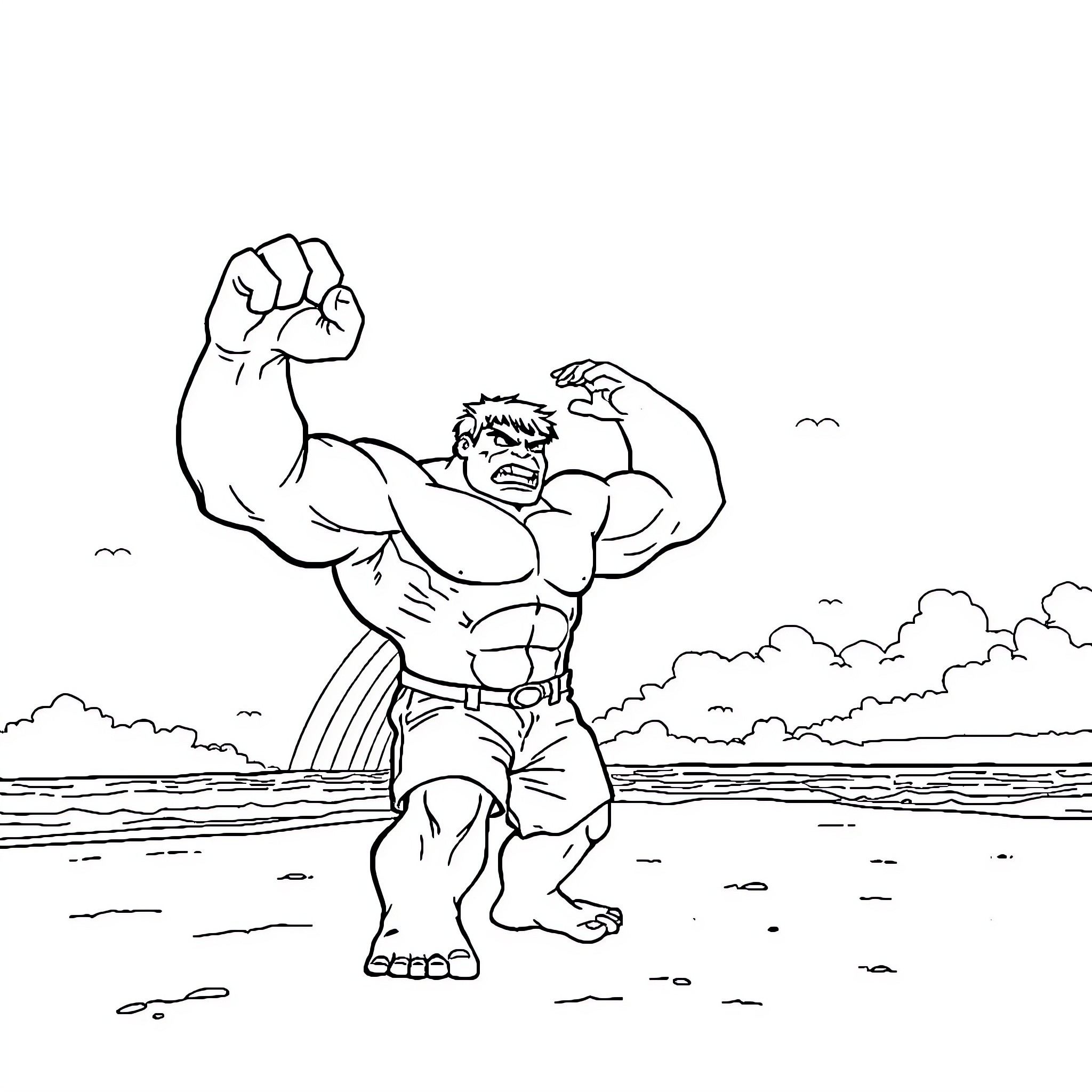 Hulk flexing his muscles in a natural landscape Coloring Page (free black-and-white line drawing printable PDF for all, from beginners to advanced learners, including children, teens, adults, and seniors)