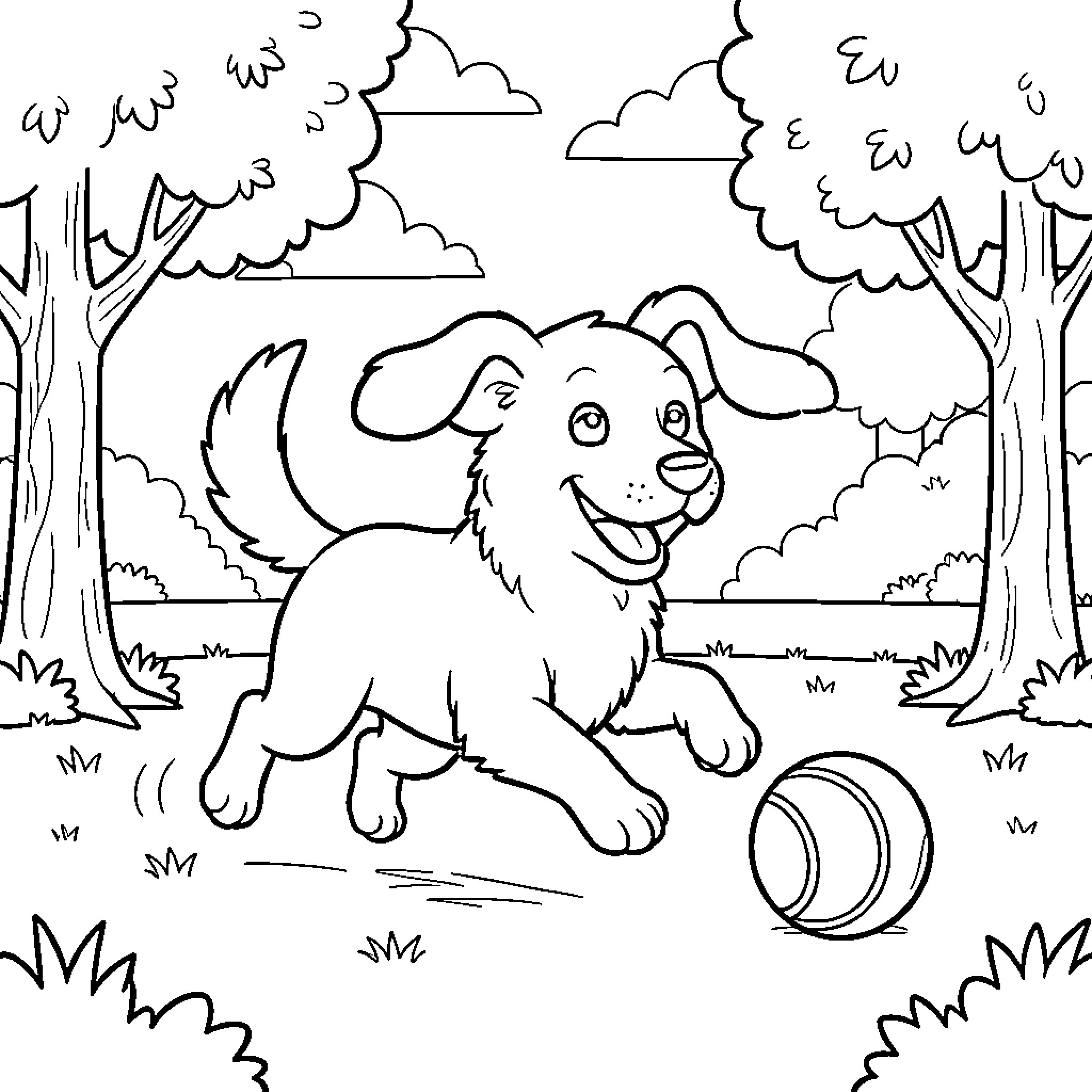 Perro jugando con una pelota en el parque Coloring Page (free black-and-white line drawing printable PDF for all, from beginners to advanced learners, including children, teens, adults, and seniors)