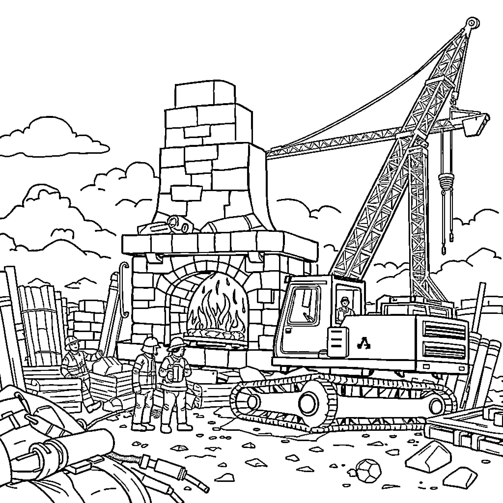 Firefighter team at construction site assisting with emergency Coloring Page (free black-and-white line drawing printable PDF for all, from beginners to advanced learners, including children, teens, adults, and seniors)