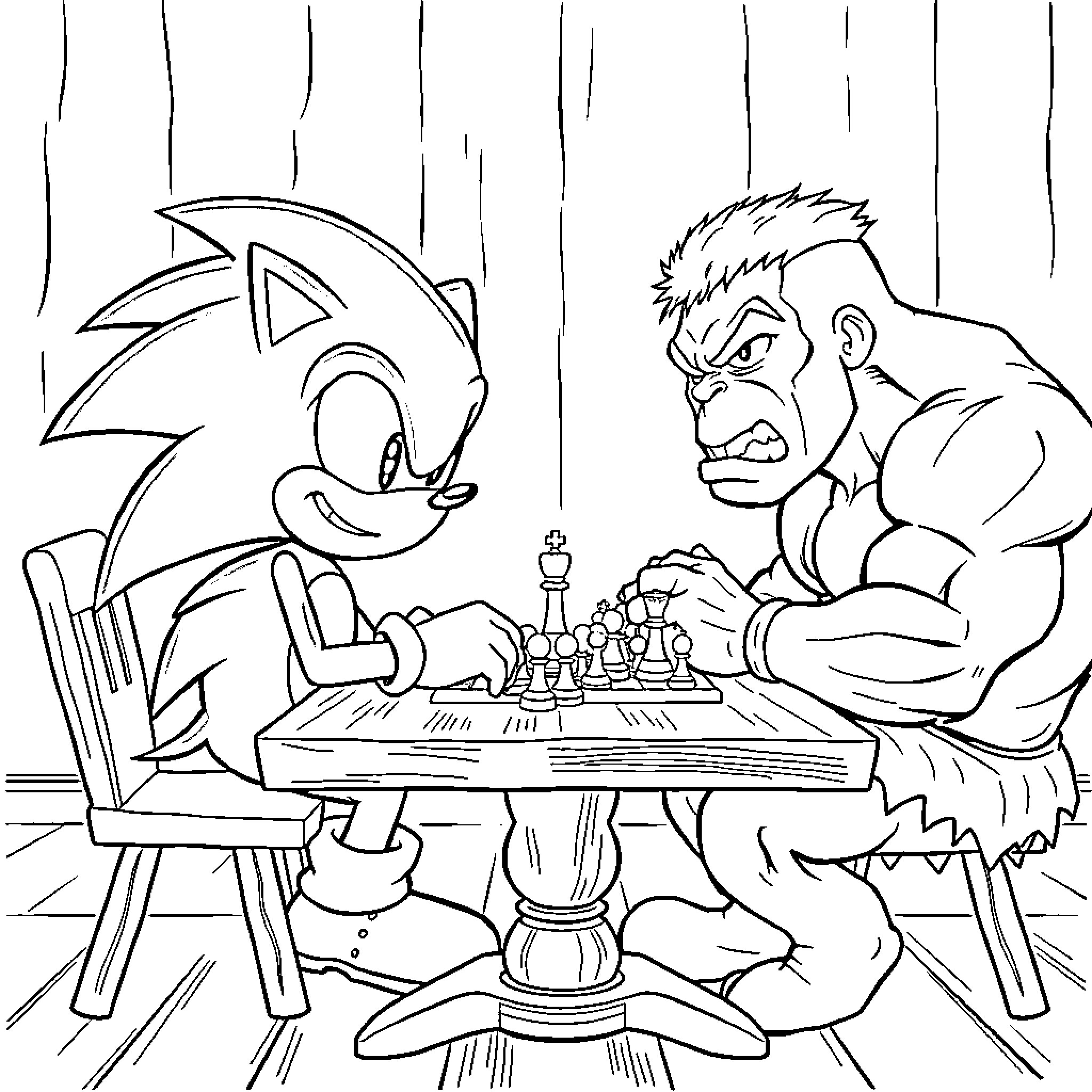 Sonic playing chess with a muscular opponent Coloring Page (free black-and-white line drawing printable PDF for all, from beginners to advanced learners, including children, teens, adults, and seniors)