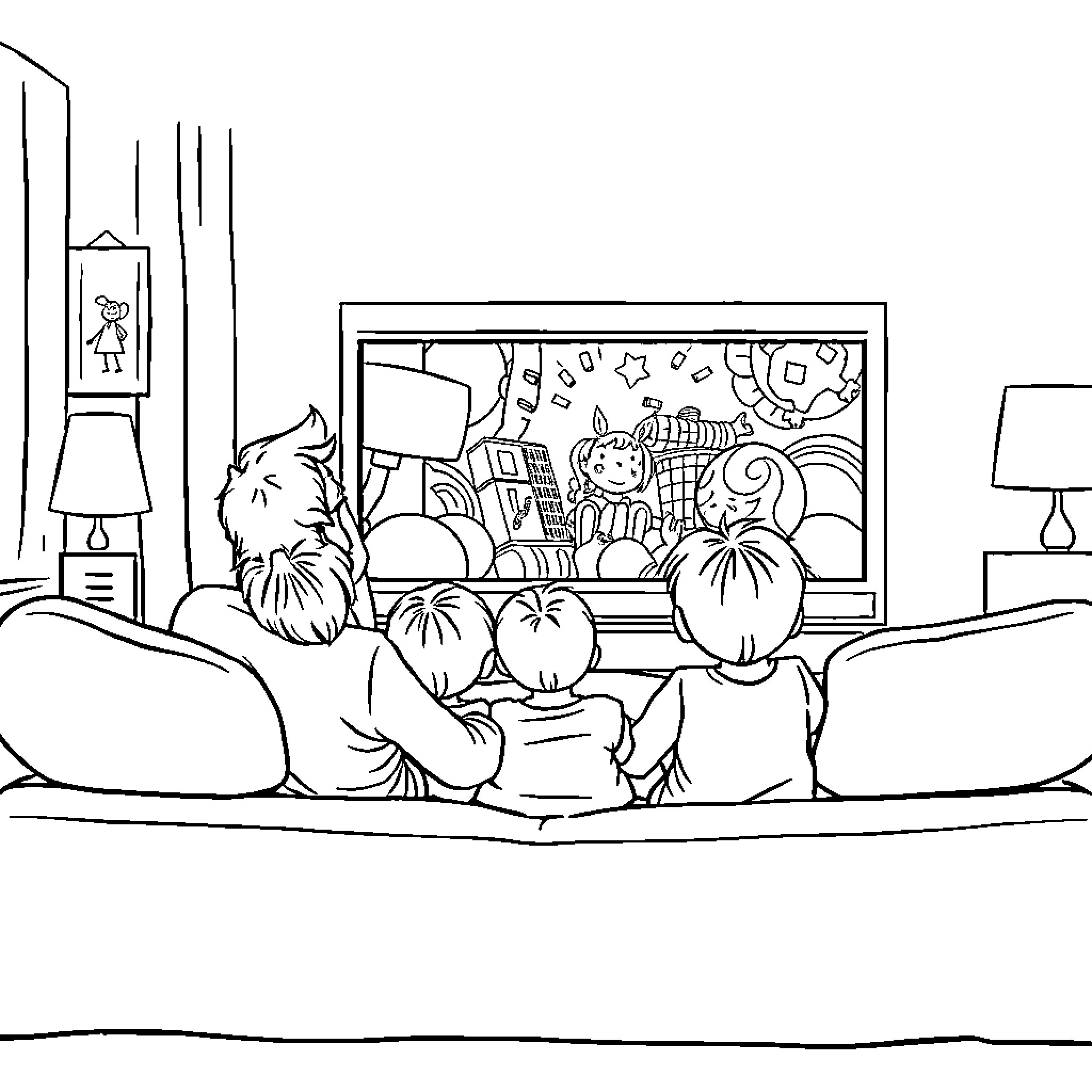Dad and children watching TV together Coloring Page (free black-and-white line drawing printable PDF for all, from beginners to advanced learners, including children, teens, adults, and seniors)