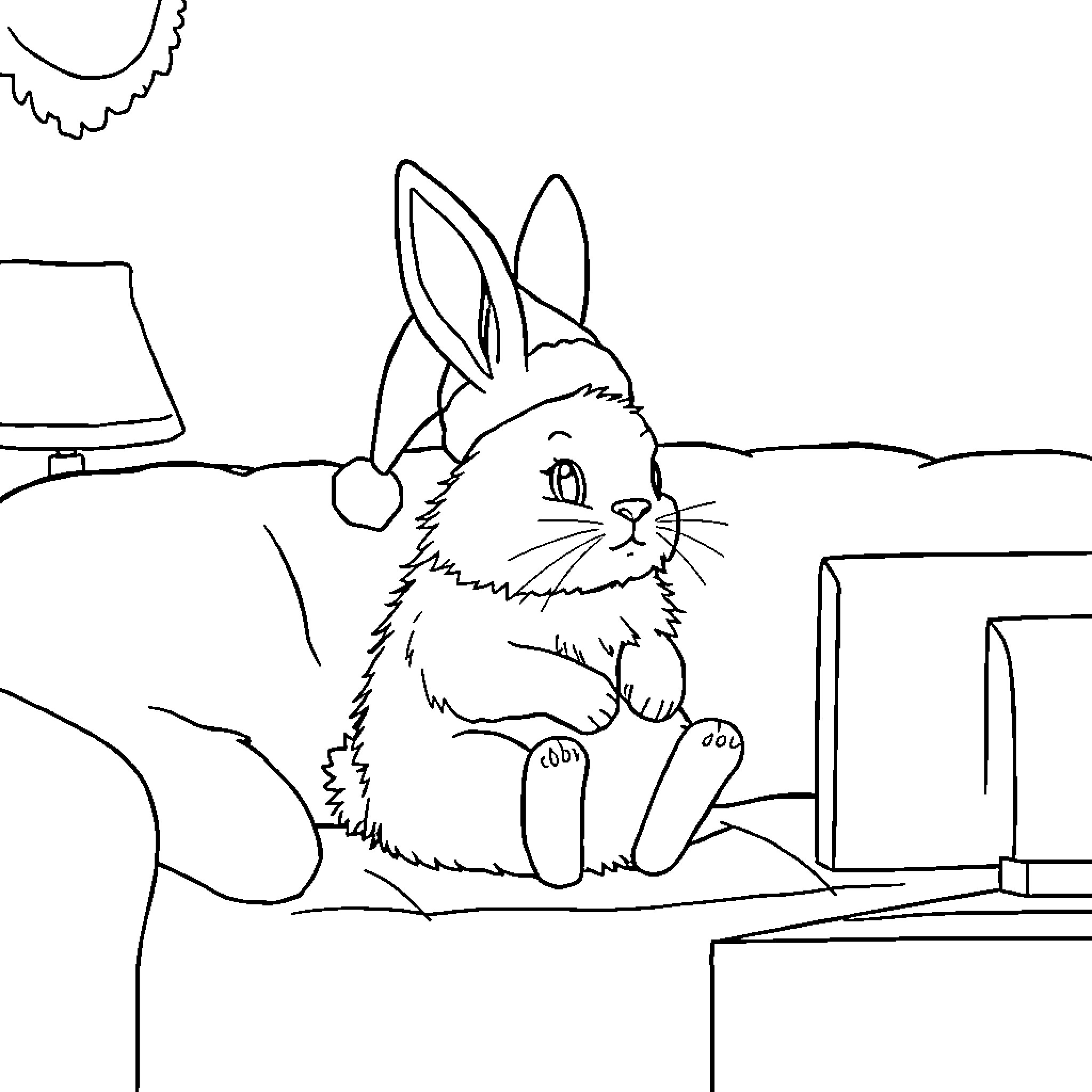 Bunny sitting on a table Coloring Page (free black-and-white line drawing printable PDF for all, from beginners to advanced learners, including children, teens, adults, and seniors)