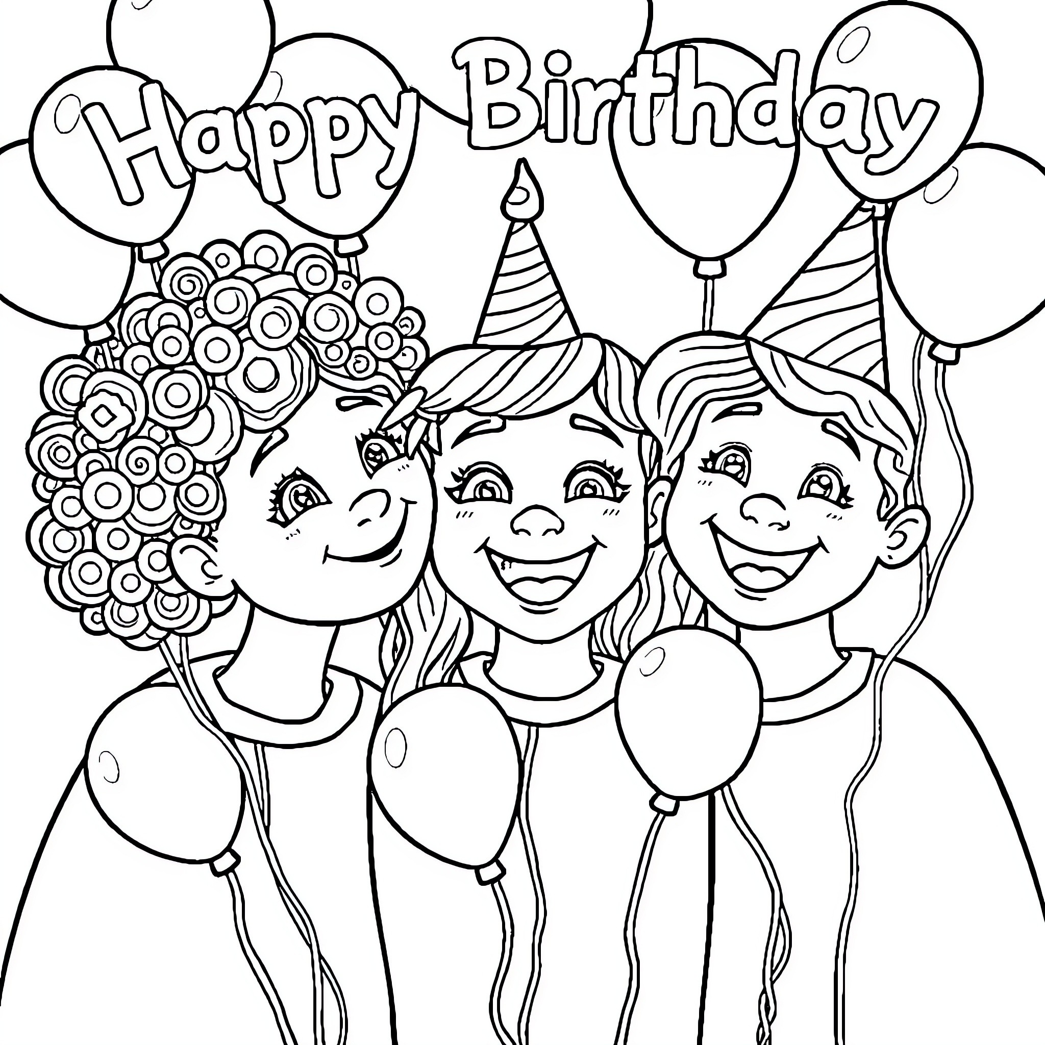 Birthday celebration with friends and balloons Coloring Page (free black-and-white line drawing printable PDF for all, from beginners to advanced learners, including children, teens, adults, and seniors)