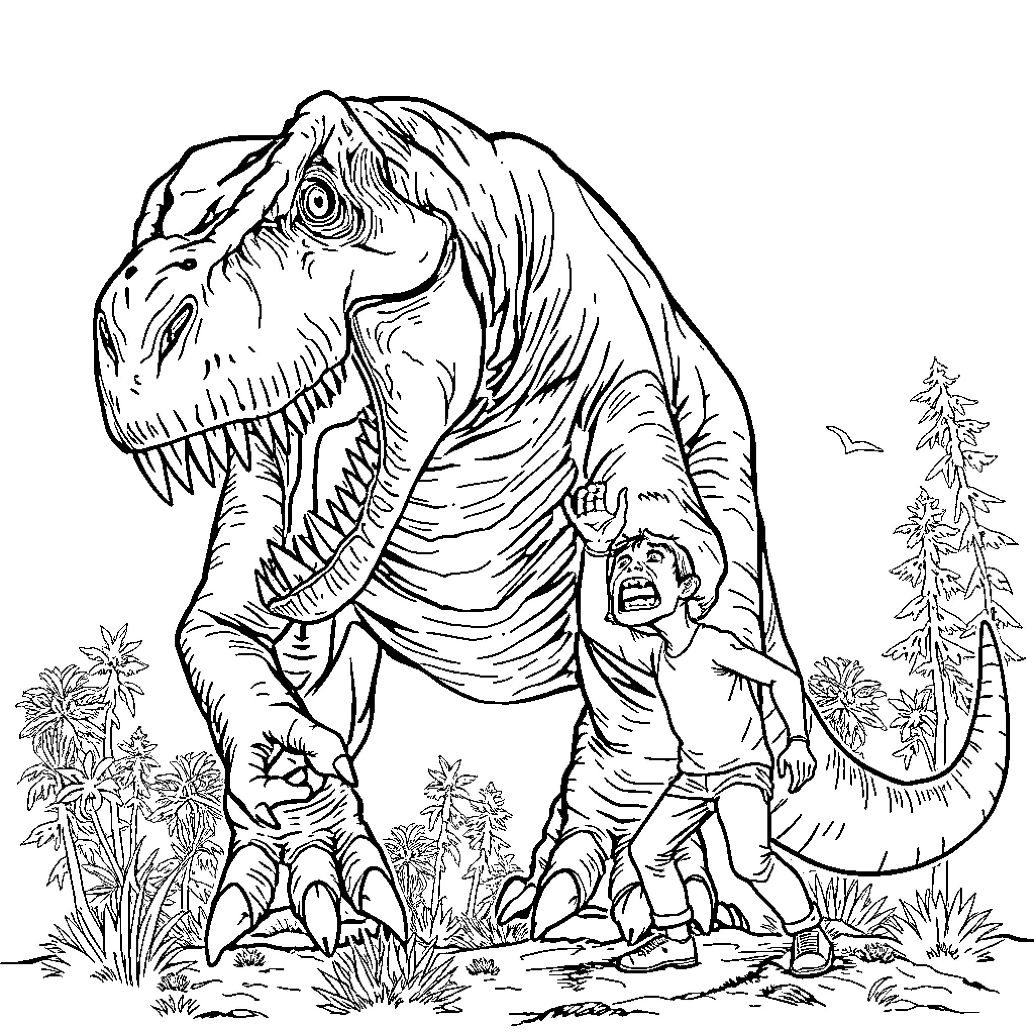 Dinosaur roaring at terrified human in prehistoric landscape Coloring Page (free black-and-white line drawing printable PDF for all, from beginners to advanced learners, including children, teens, adults, and seniors)