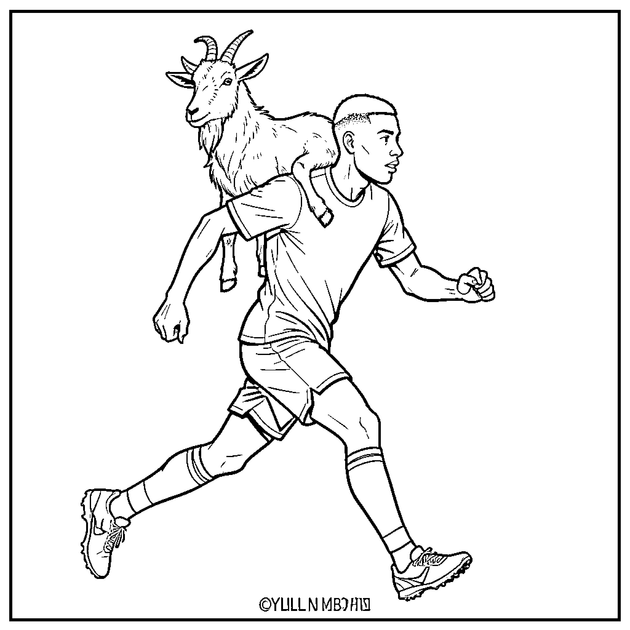 Kylian Mbappe running while carrying a goat on his back Coloring Page (free black-and-white line drawing printable PDF for all, from beginners to advanced learners, including children, teens, adults, and seniors)