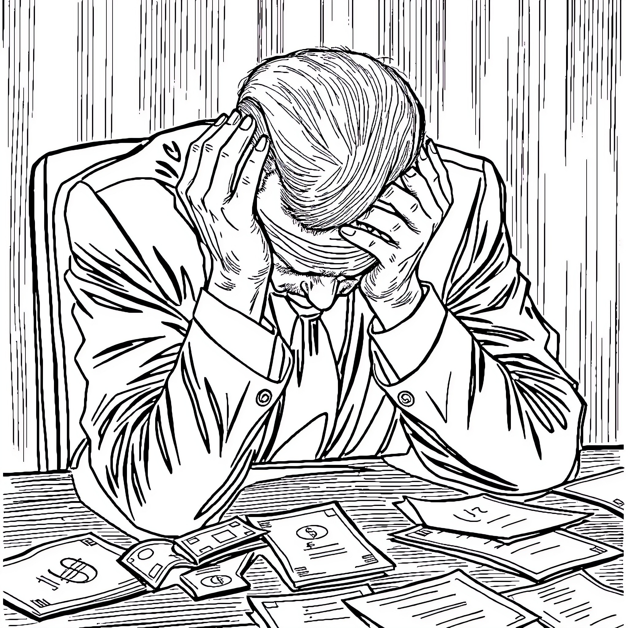 Businessman in Distress at Desk Coloring Page (free black-and-white line drawing printable PDF for all, from beginners to advanced learners, including children, teens, adults, and seniors)