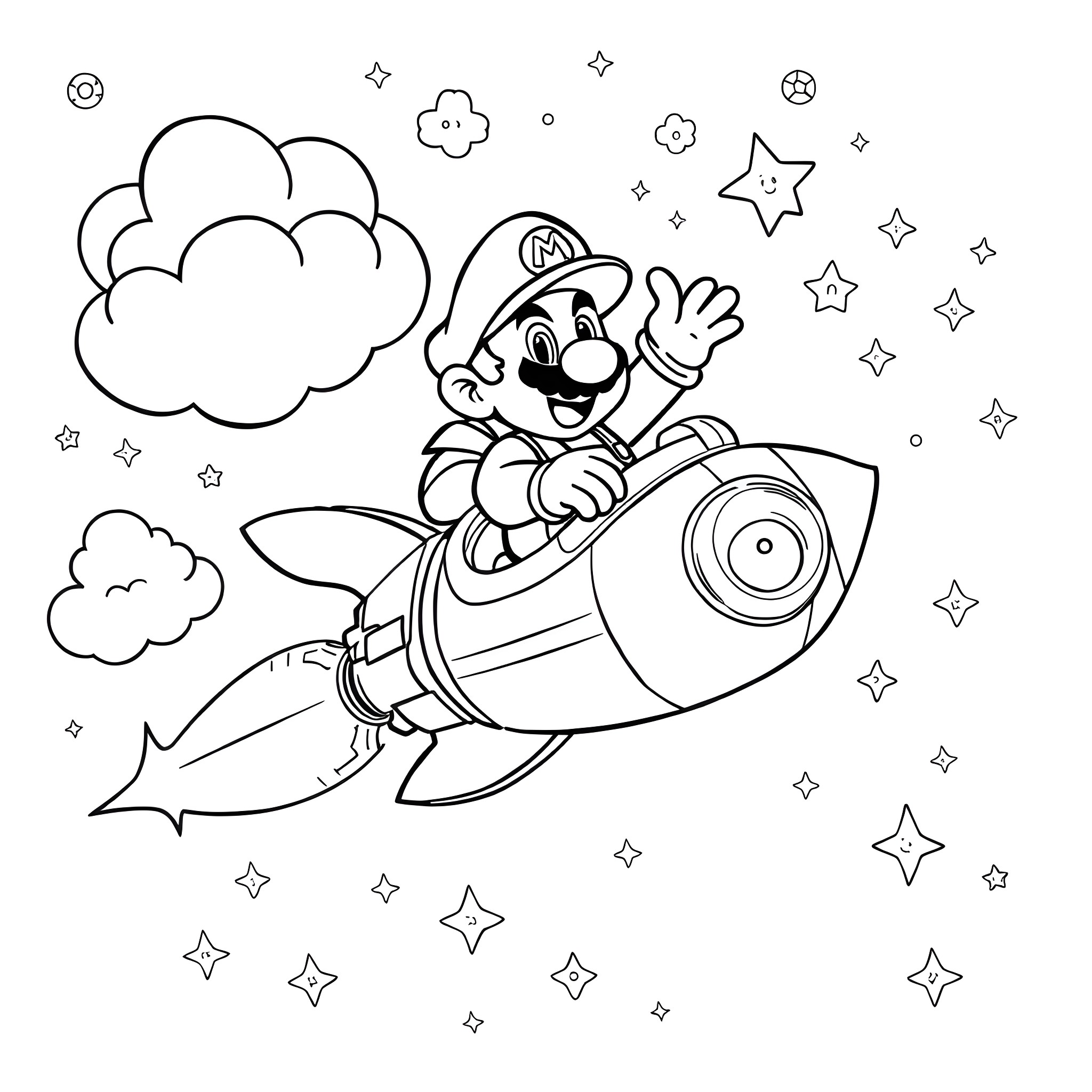 Super Mario Blasting Off in a Rocket Coloring Page (free black-and-white line drawing printable PDF for all, from beginners to advanced learners, including children, teens, adults, and seniors)
