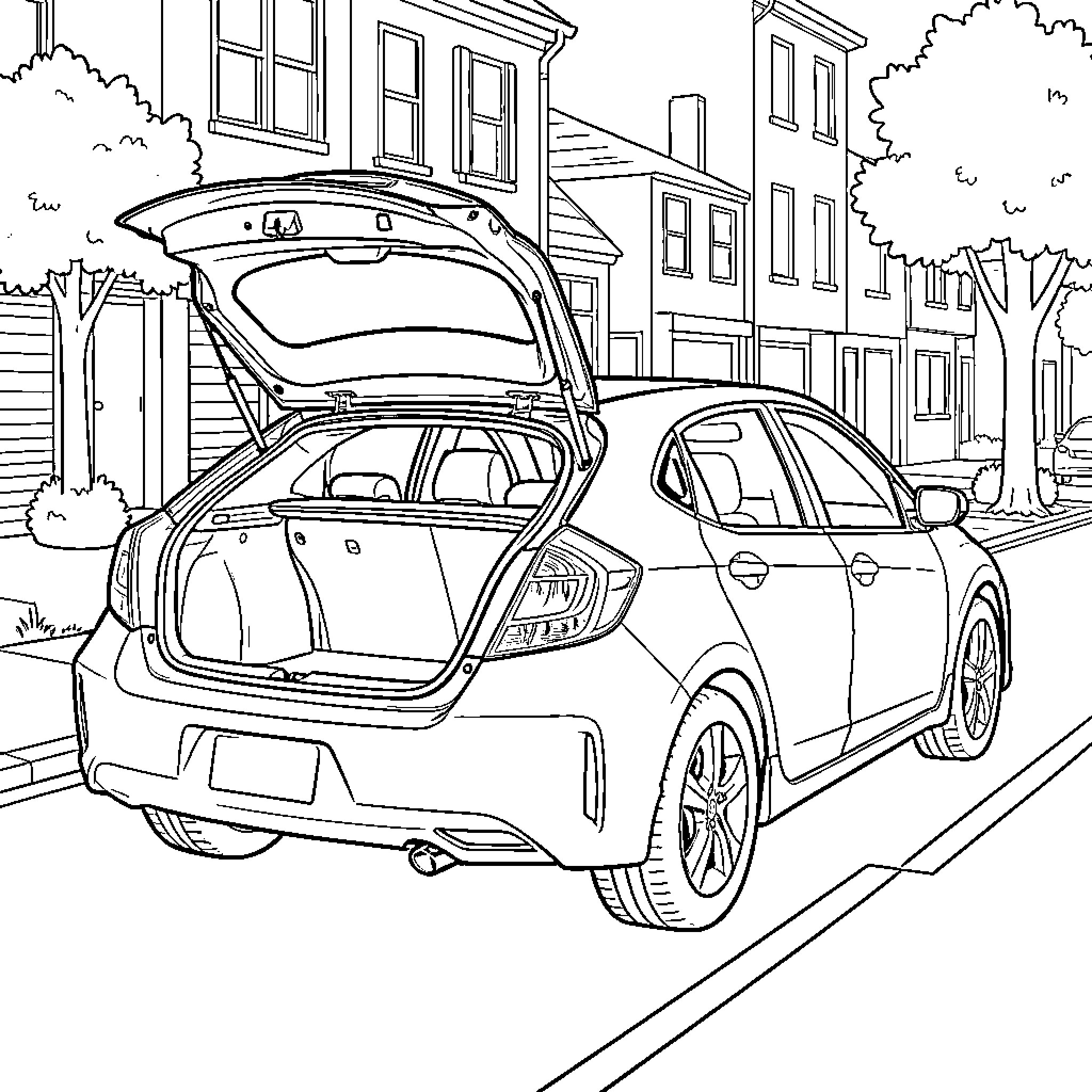 Honda Civic parked on a residential street with open trunk Coloring Page (free black-and-white line drawing printable PDF for all, from beginners to advanced learners, including children, teens, adults, and seniors)