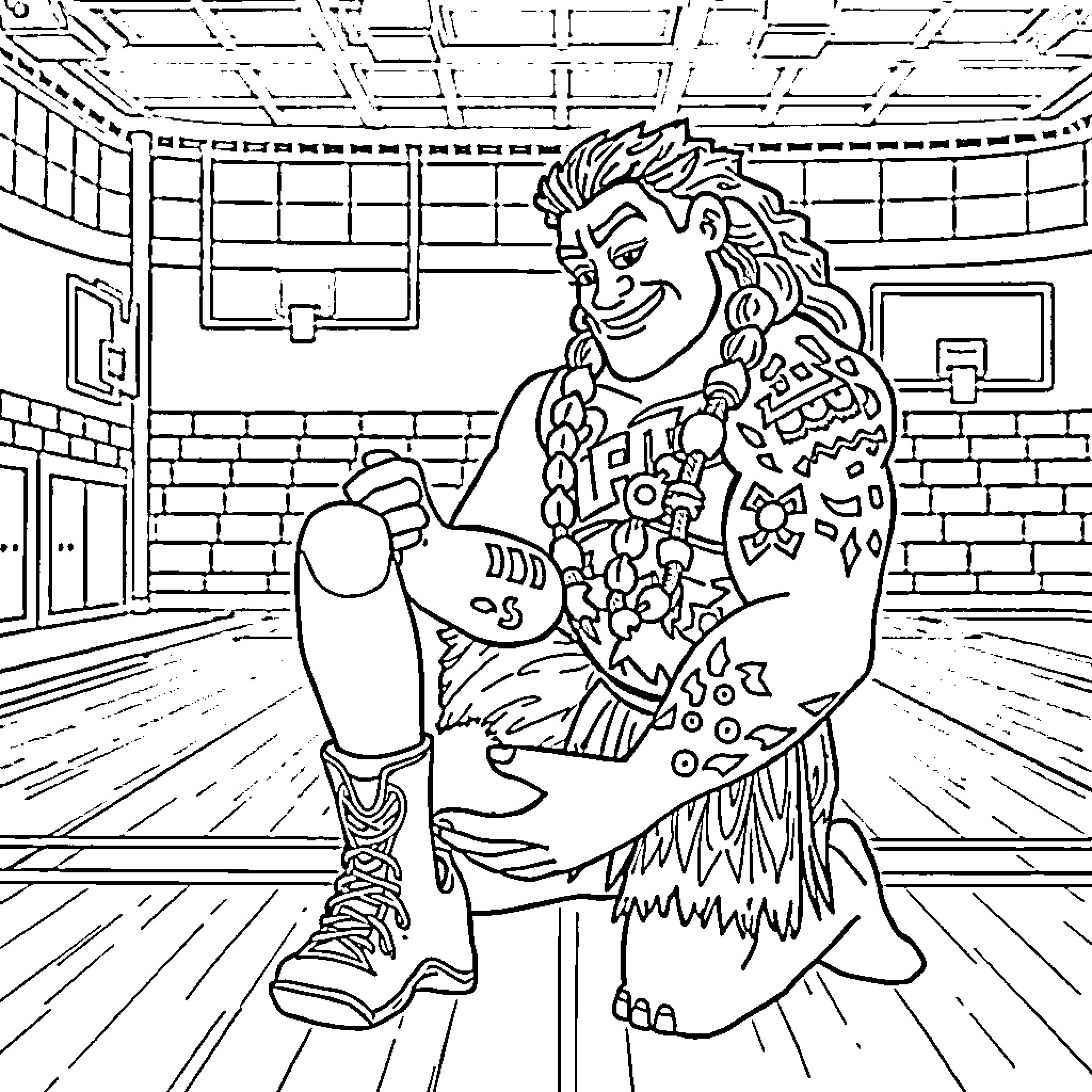 Maui's Exciting Adventure in a Colourful Arena Coloring Page (free black-and-white line drawing printable PDF for all, from beginners to advanced learners, including children, teens, adults, and seniors)