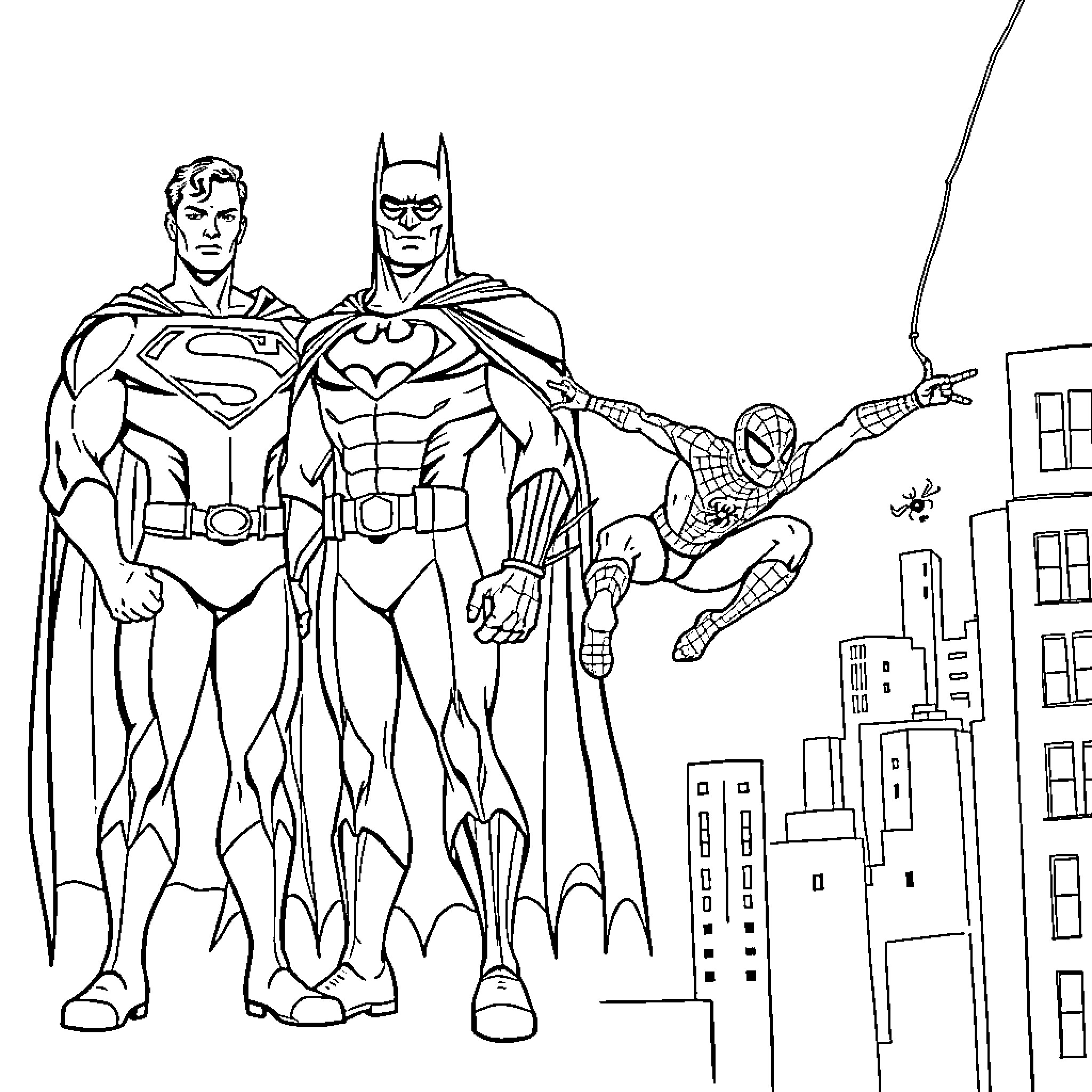 Superhero duo in action against cityscape Coloring Page (free black-and-white line drawing printable PDF for all, from beginners to advanced learners, including children, teens, adults, and seniors)