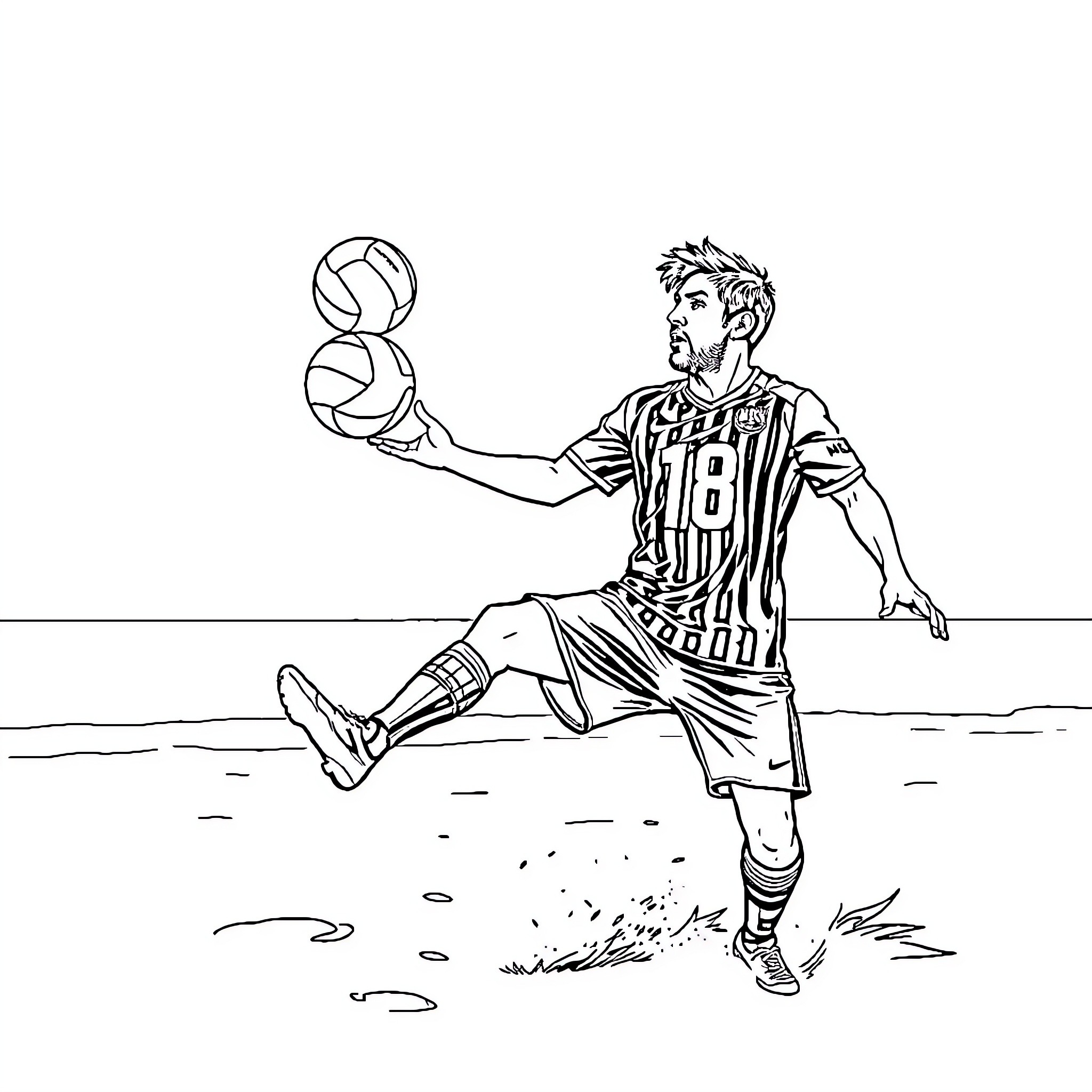 Messi dribbling with soccer ball on field Coloring Page (free black-and-white line drawing printable PDF for all, from beginners to advanced learners, including children, teens, adults, and seniors)