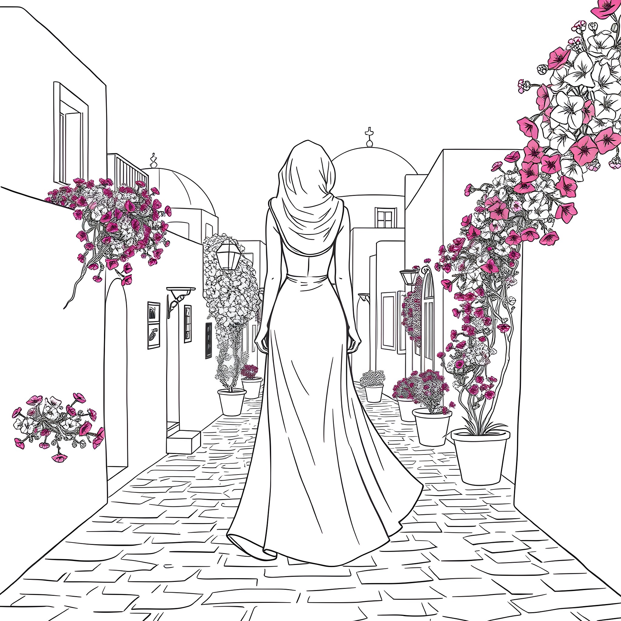 Woman walking through a flower-filled street Coloring Page (free black-and-white line drawing printable PDF for all, from beginners to advanced learners, including children, teens, adults, and seniors)