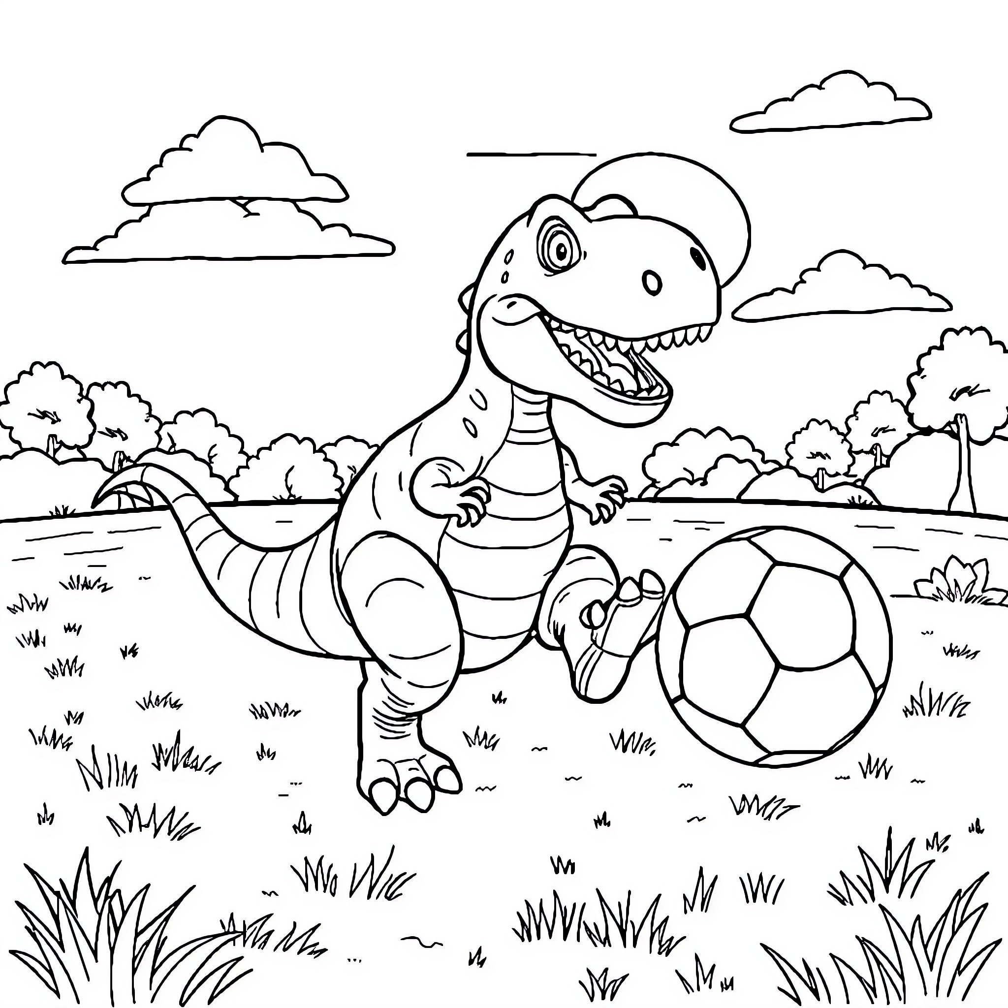 Dinosaur playing with soccer ball in nature Coloring Page (free black-and-white line drawing printable PDF for all, from beginners to advanced learners, including children, teens, adults, and seniors)