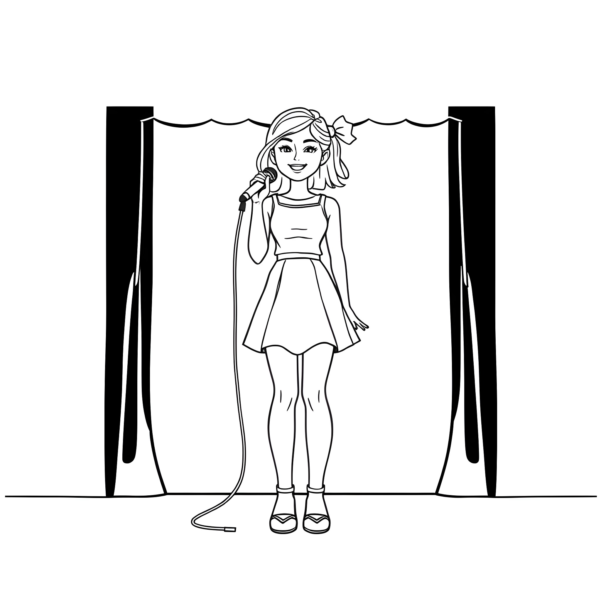 Teen Girl Performing on Stage Coloring Page (free black-and-white line drawing printable PDF for all, from beginners to advanced learners, including children, teens, adults, and seniors)