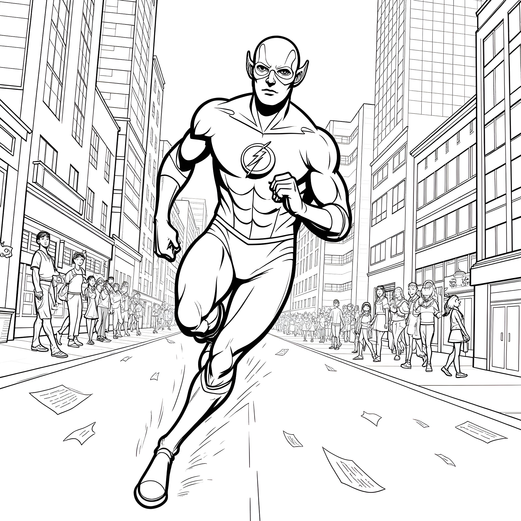 The Flash speedily runs through the city Coloring Page (free black-and-white line drawing printable PDF for all, from beginners to advanced learners, including children, teens, adults, and seniors)