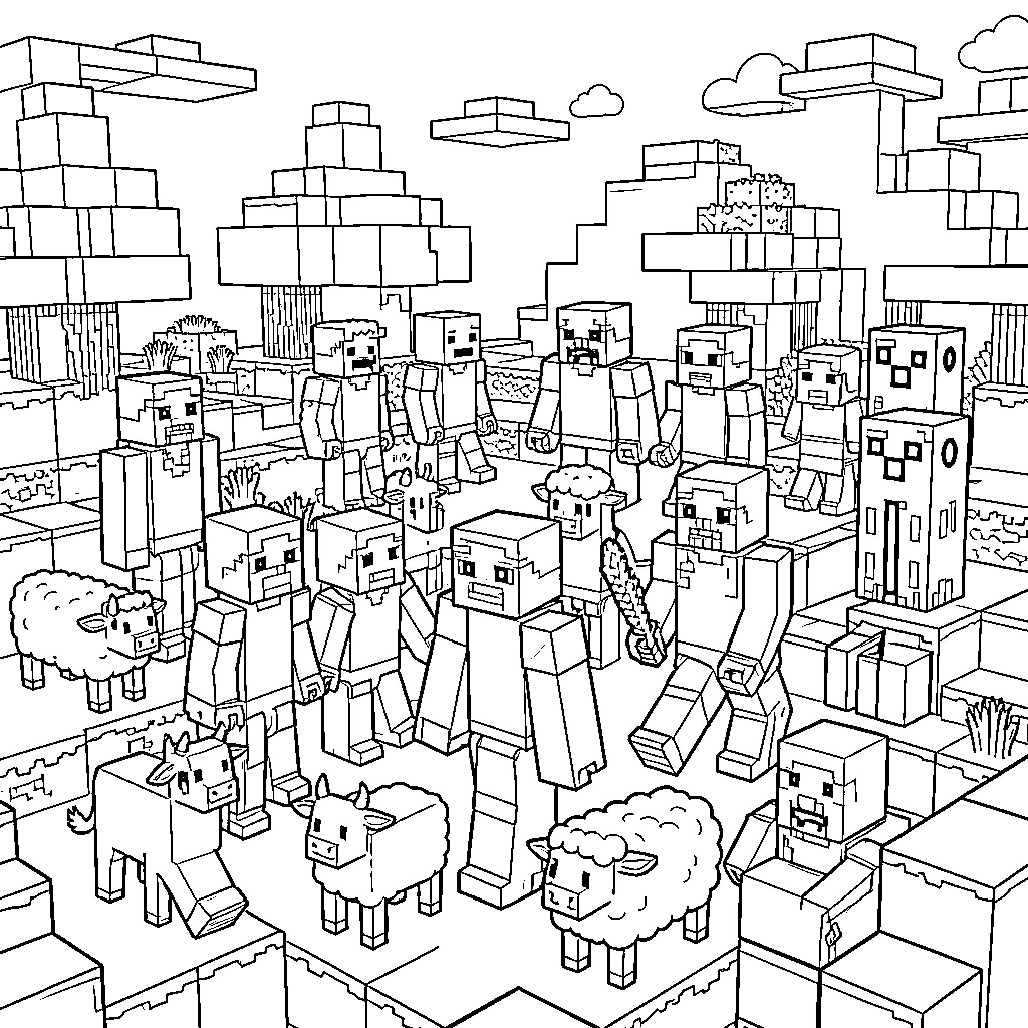 Minecraft Characters in a Bustling Blocky City Coloring Page (free black-and-white line drawing printable PDF for all, from beginners to advanced learners, including children, teens, adults, and seniors)