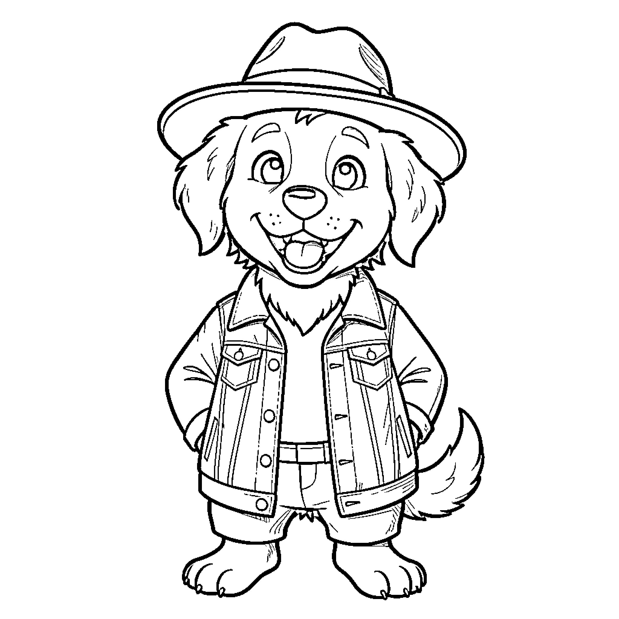 Perro wearing a hat and jacket Coloring Page (free black-and-white line drawing printable PDF for all, from beginners to advanced learners, including children, teens, adults, and seniors)