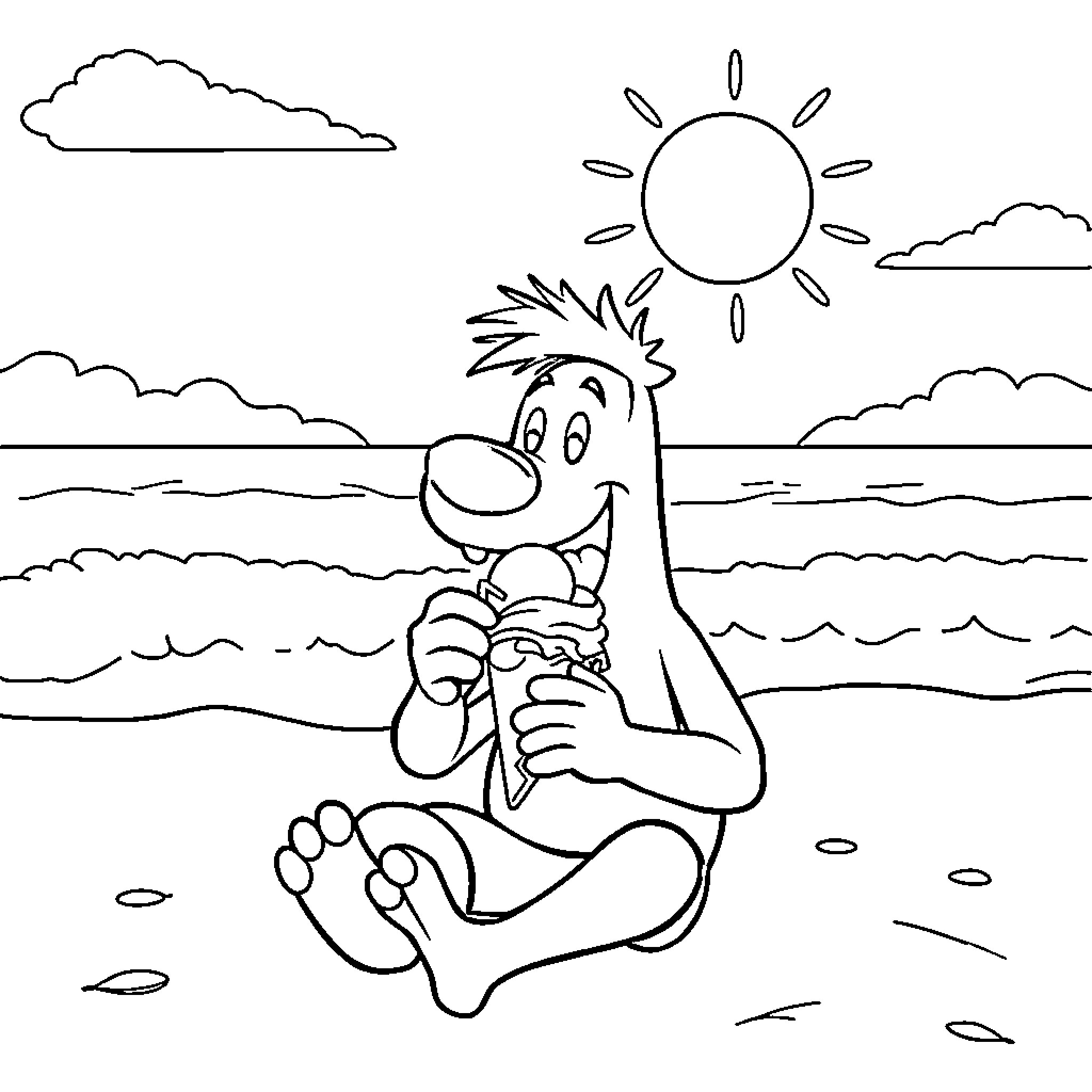 Hank enjoying a sunny day at the beach Coloring Page (free black-and-white line drawing printable PDF for all, from beginners to advanced learners, including children, teens, adults, and seniors)