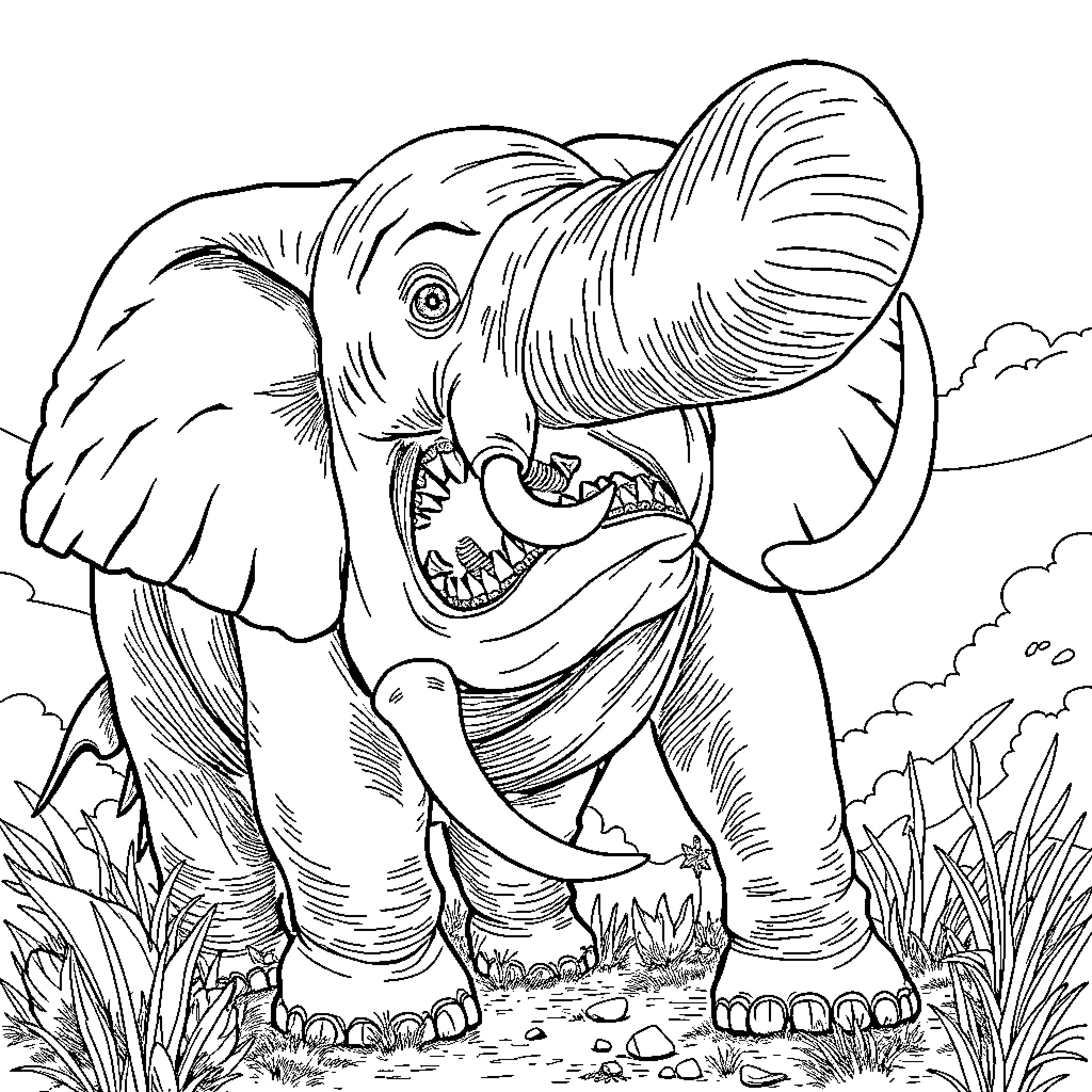Shark-like elephant charging aggressively in the wild Coloring Page (free black-and-white line drawing printable PDF for all, from beginners to advanced learners, including children, teens, adults, and seniors)
