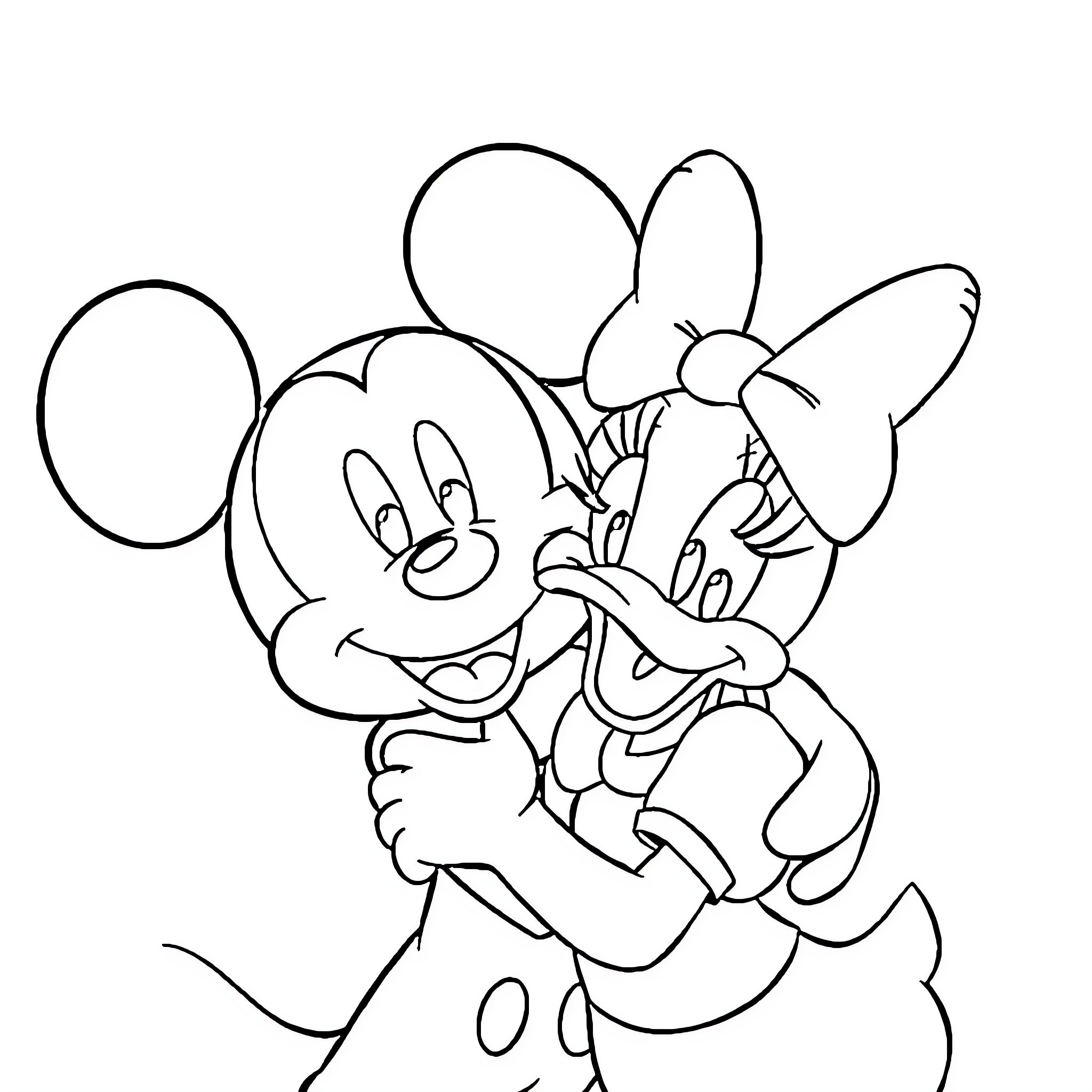 Mickey Mouse hugging Minnie Mouse lovingly Coloring Page (free black-and-white line drawing printable PDF for all, from beginners to advanced learners, including children, teens, adults, and seniors)