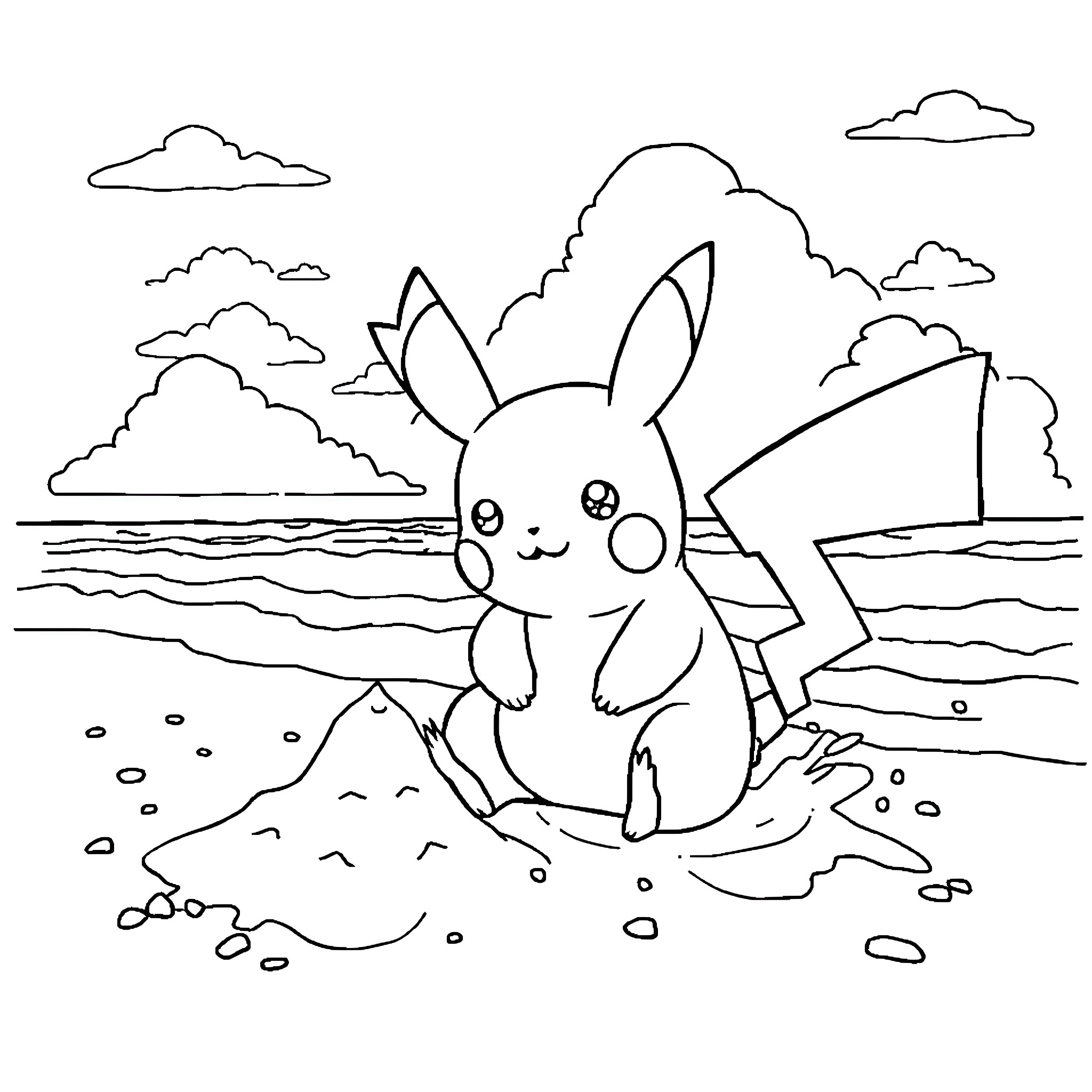 Pikachu enjoying the beach scenery Coloring Page (free black-and-white line drawing printable PDF for all, from beginners to advanced learners, including children, teens, adults, and seniors)