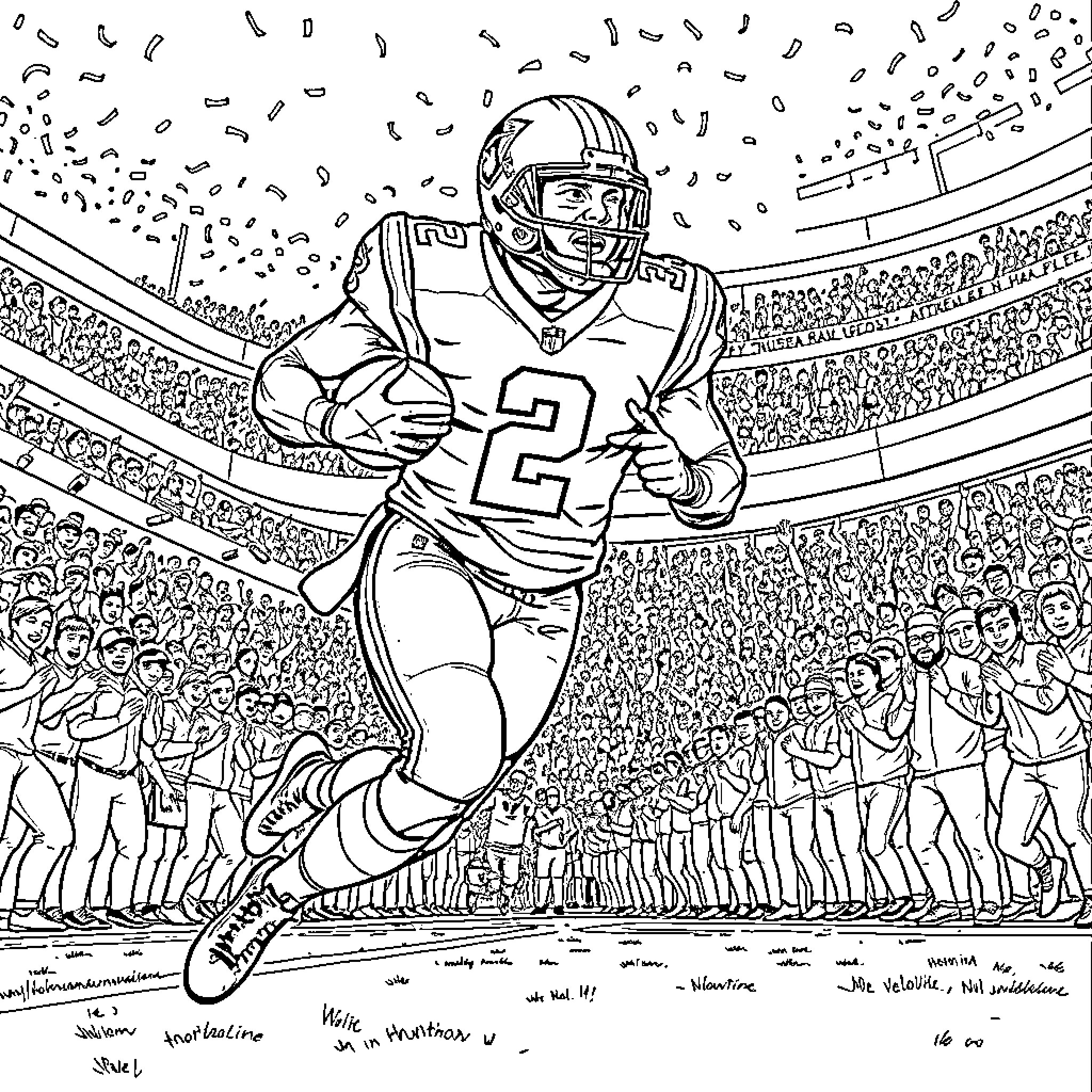 Cam Newton running on the field in game Coloring Page (free black-and-white line drawing printable PDF for all, from beginners to advanced learners, including children, teens, adults, and seniors)