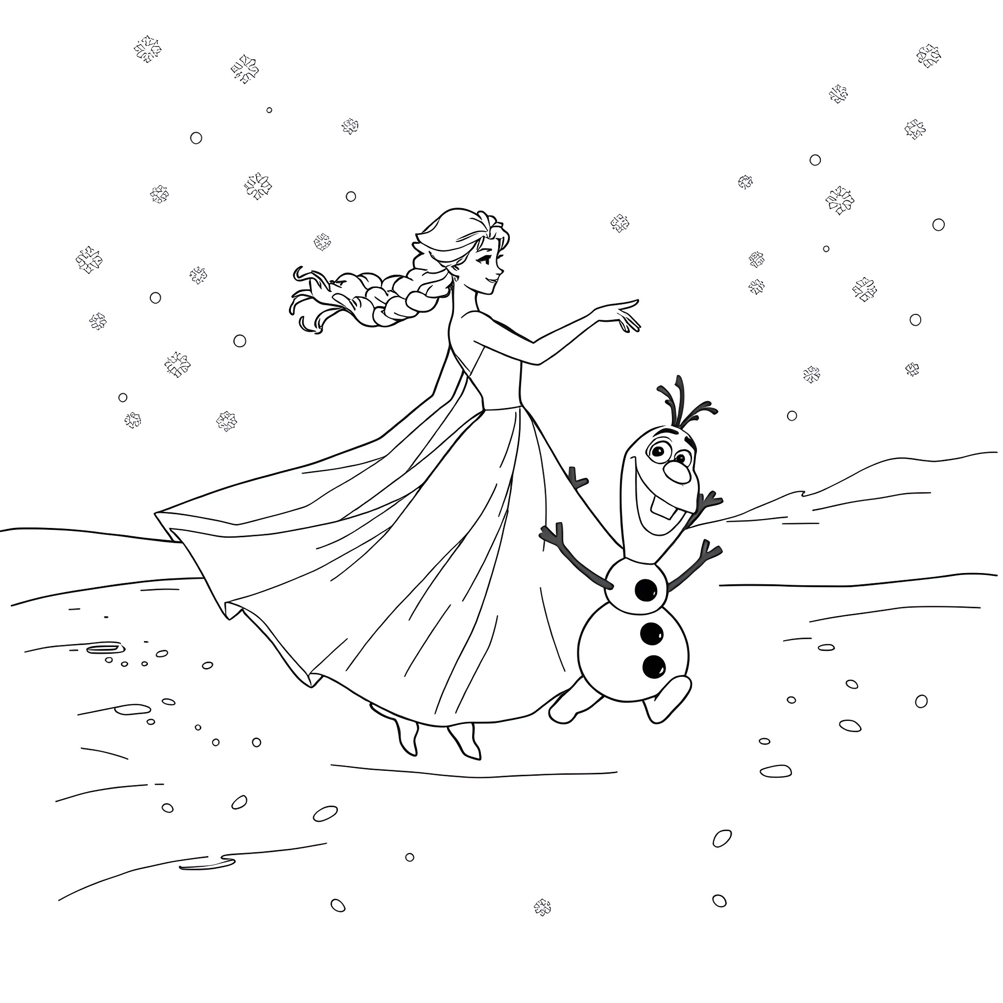 Elsa dancing joyfully with Olaf in the winter wonderland Coloring Page (free black-and-white line drawing printable PDF for all, from beginners to advanced learners, including children, teens, adults, and seniors)