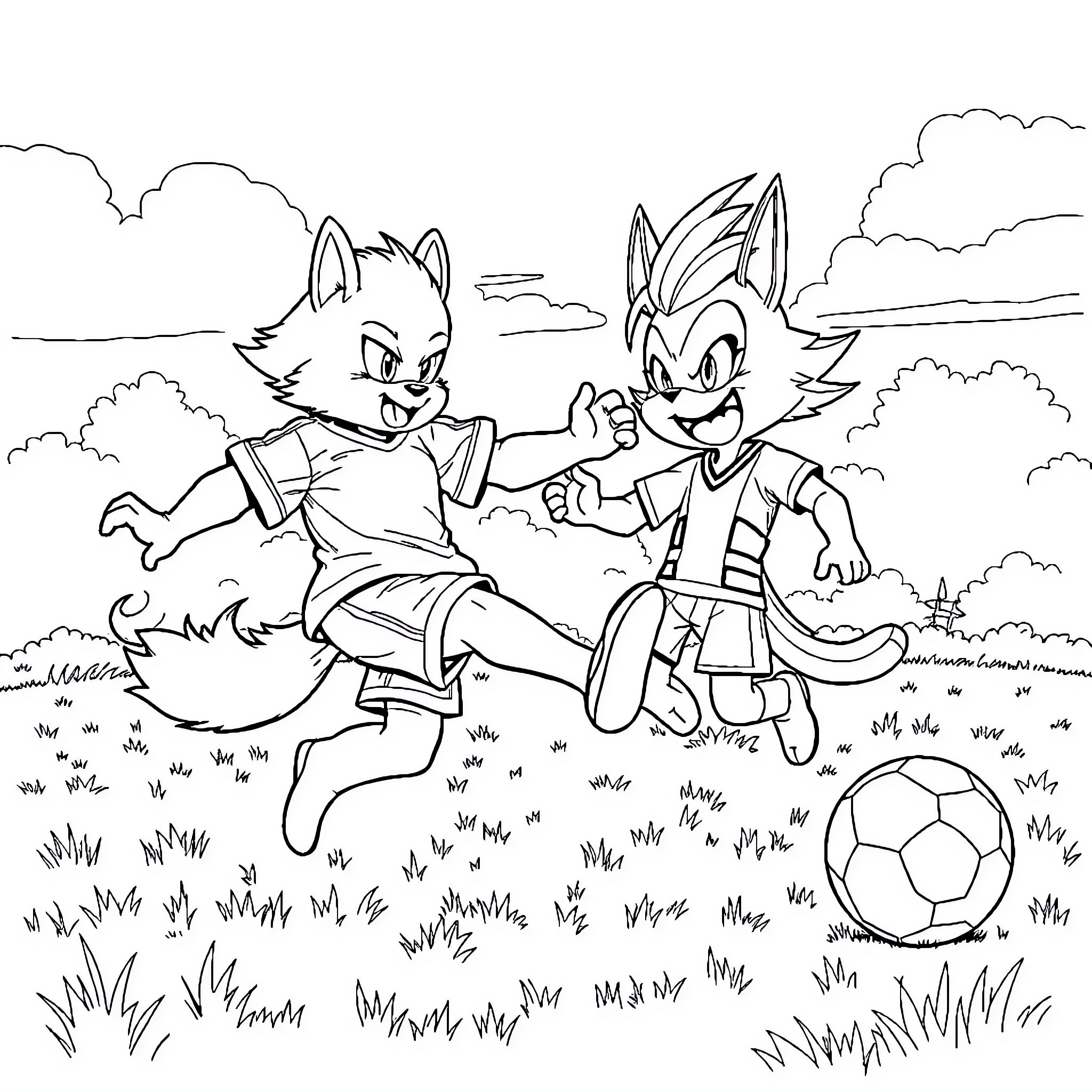 Furina: Cartoon Characters Playing Soccer Coloring Page (free black-and-white line drawing printable PDF for all, from beginners to advanced learners, including children, teens, adults, and seniors)