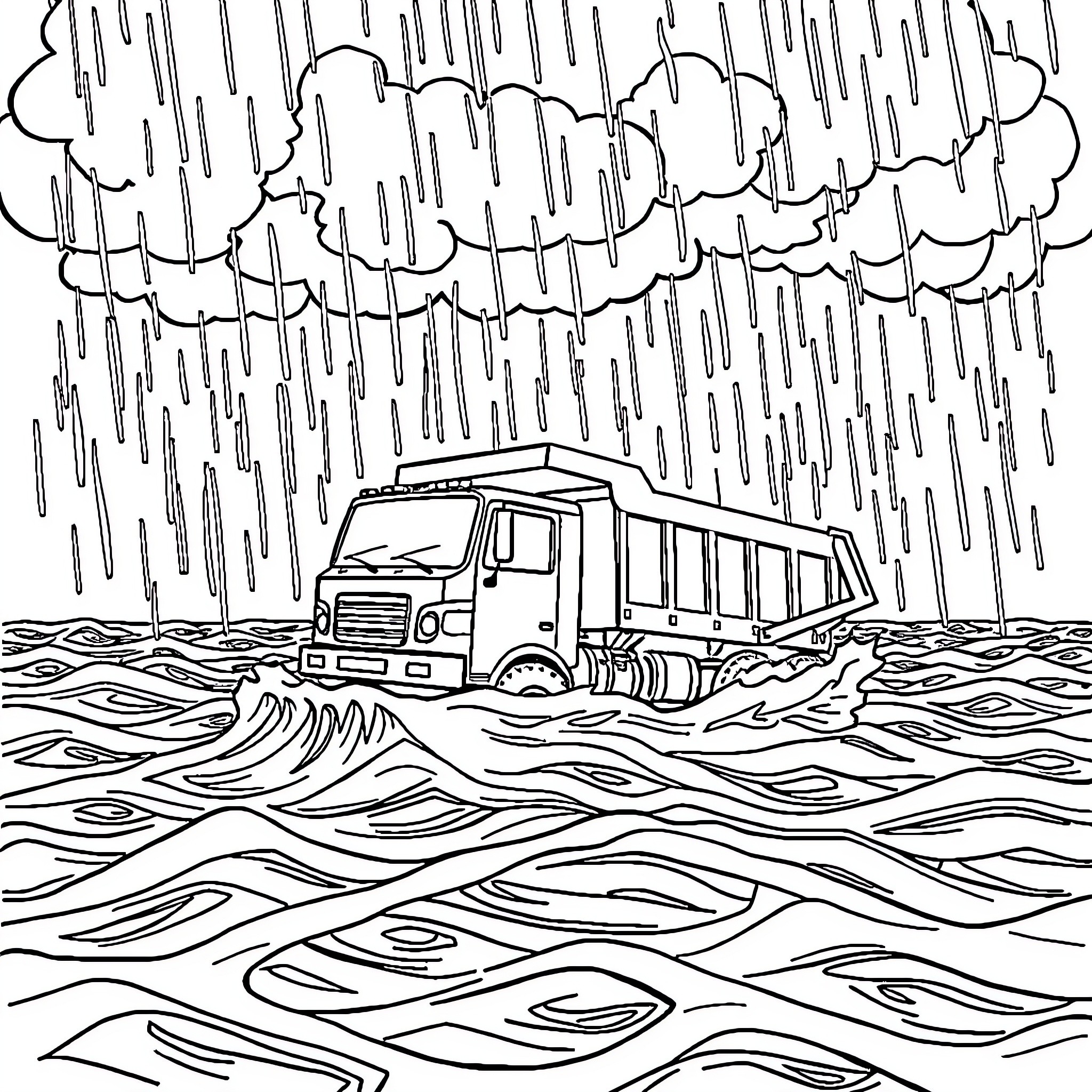 Dump Truck Navigating Flooded Stormy Road Coloring Page (free black-and-white line drawing printable PDF for all, from beginners to advanced learners, including children, teens, adults, and seniors)