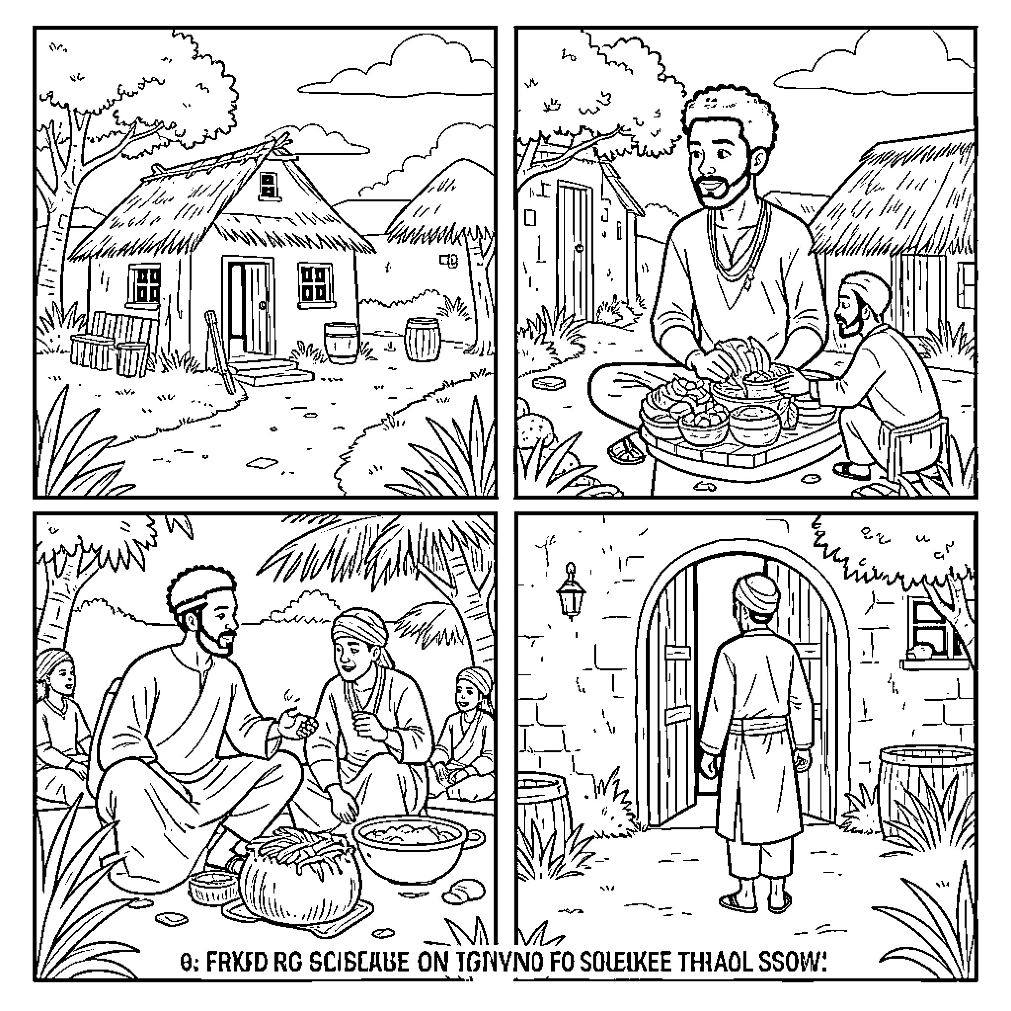 Prodigal Son returning home to his family Coloring Page (free black-and-white line drawing printable PDF for all, from beginners to advanced learners, including children, teens, adults, and seniors)