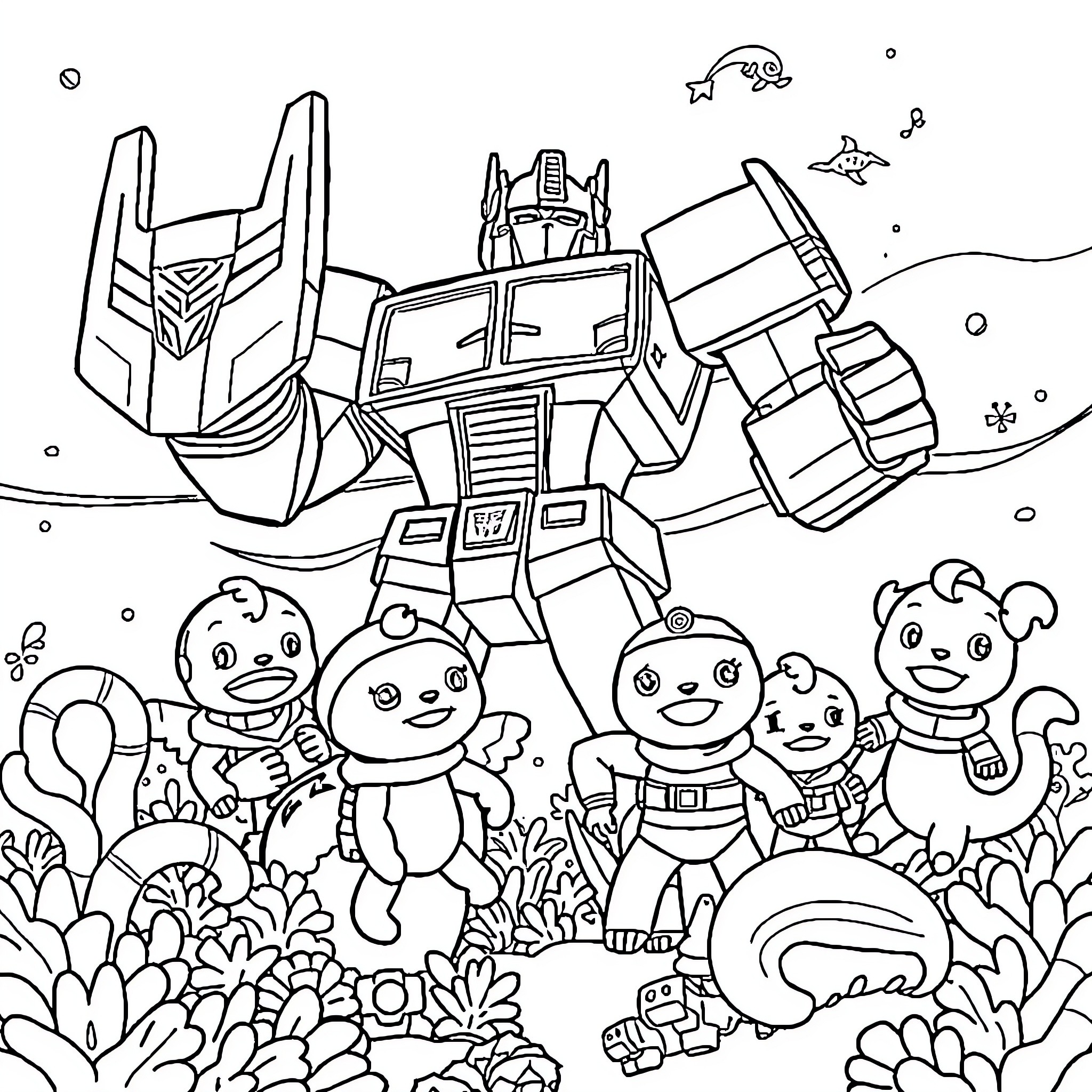 Optimus Prime leading a group of friendly Transformers characters Coloring Page (free black-and-white line drawing printable PDF for all, from beginners to advanced learners, including children, teens, adults, and seniors)