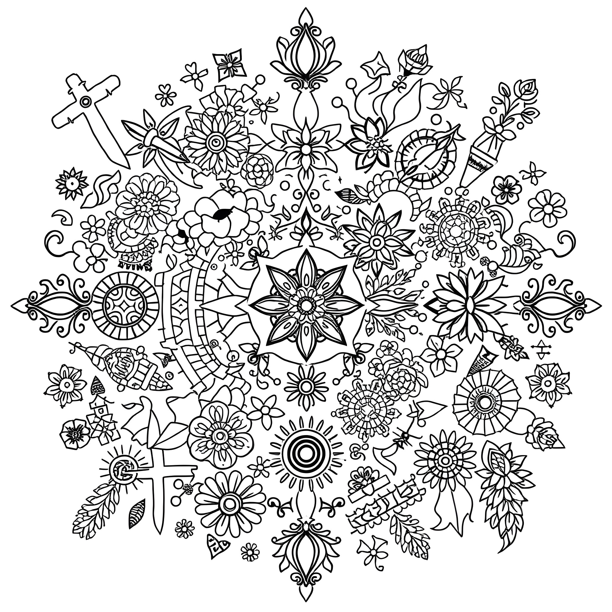 Design Motif of Diverse Floral Patterns and Decorative Elements Coloring Page (free black-and-white line drawing printable PDF for all, from beginners to advanced learners, including children, teens, adults, and seniors)