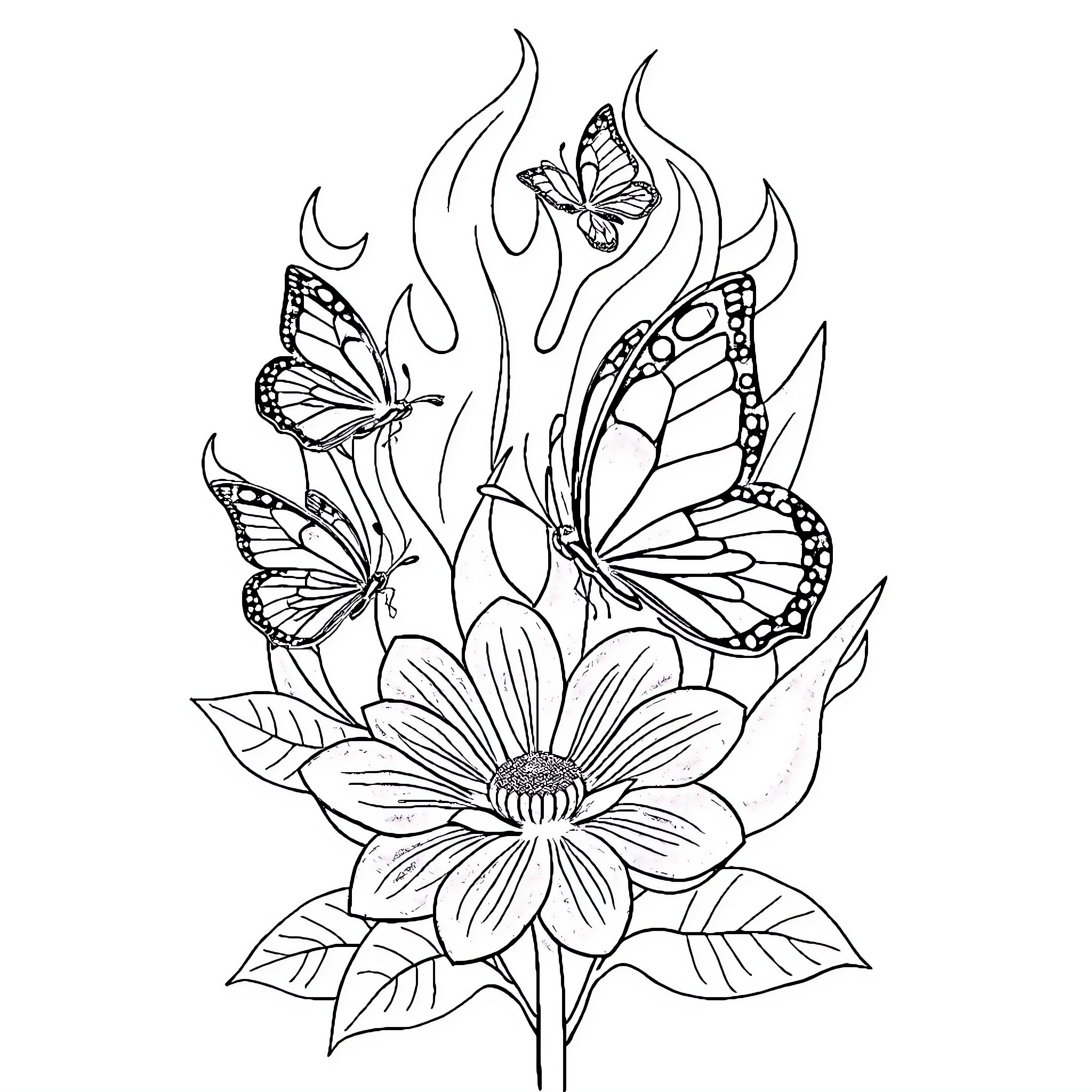 Butterfly Fluttering Amidst Blooming Flowers Coloring Page (free black-and-white line drawing printable PDF for all, from beginners to advanced learners, including children, teens, adults, and seniors)